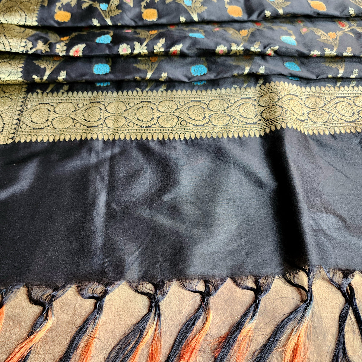 Black Banarasi Silk Dupatta with Gold Zari Border & Multicolor Meenakari Work