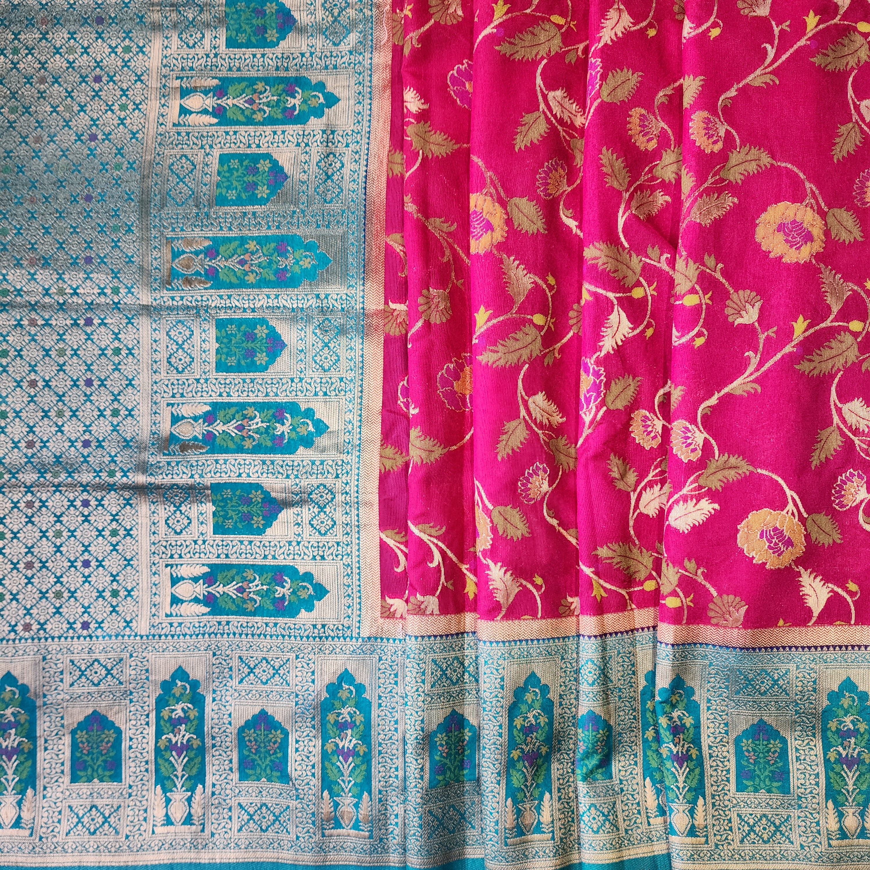Rani Pink Dupion Patola with Turquoise Blue Border & Heavy Gold Zari