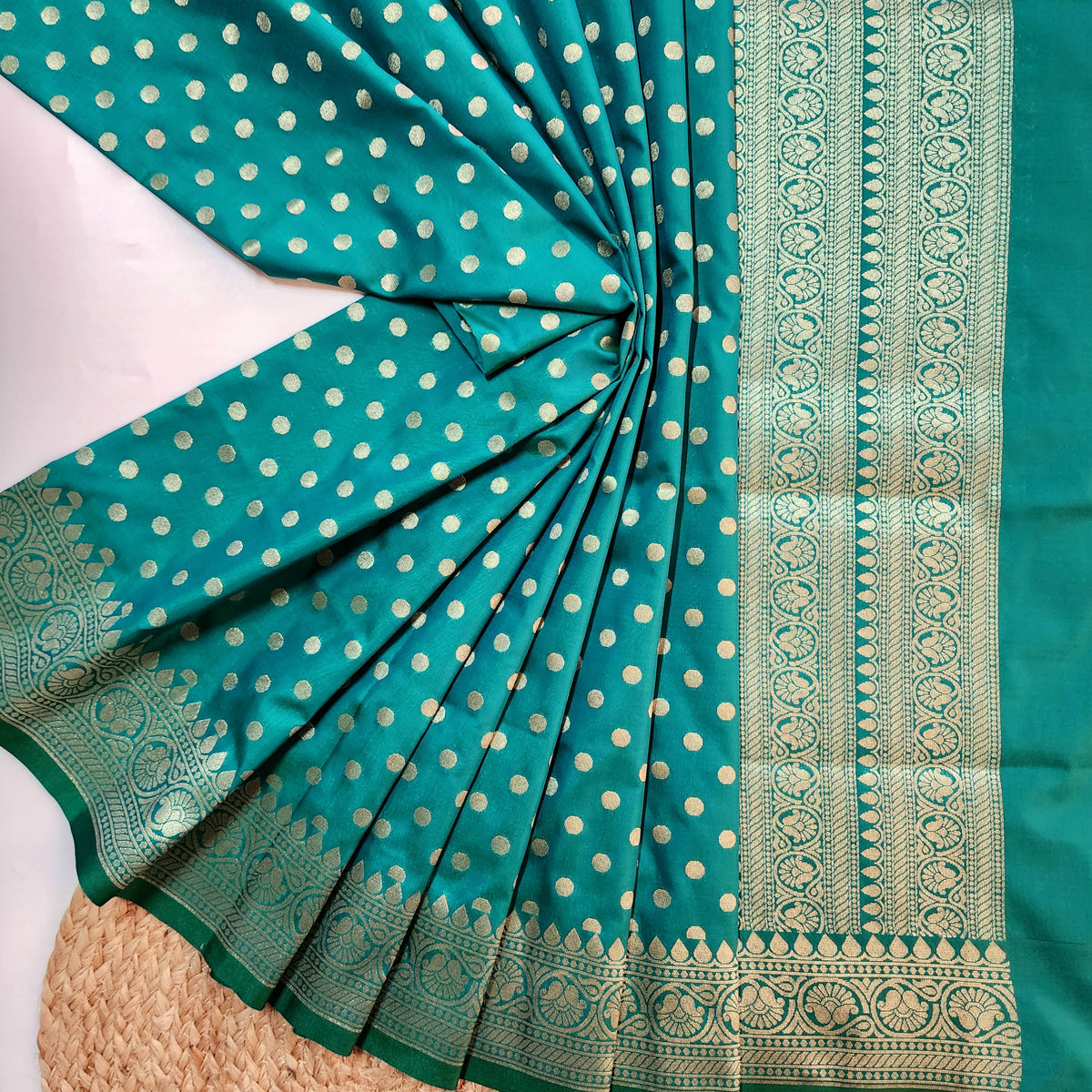 Teal Green Banarasi Silk Dupatta with Gold Polka Dot