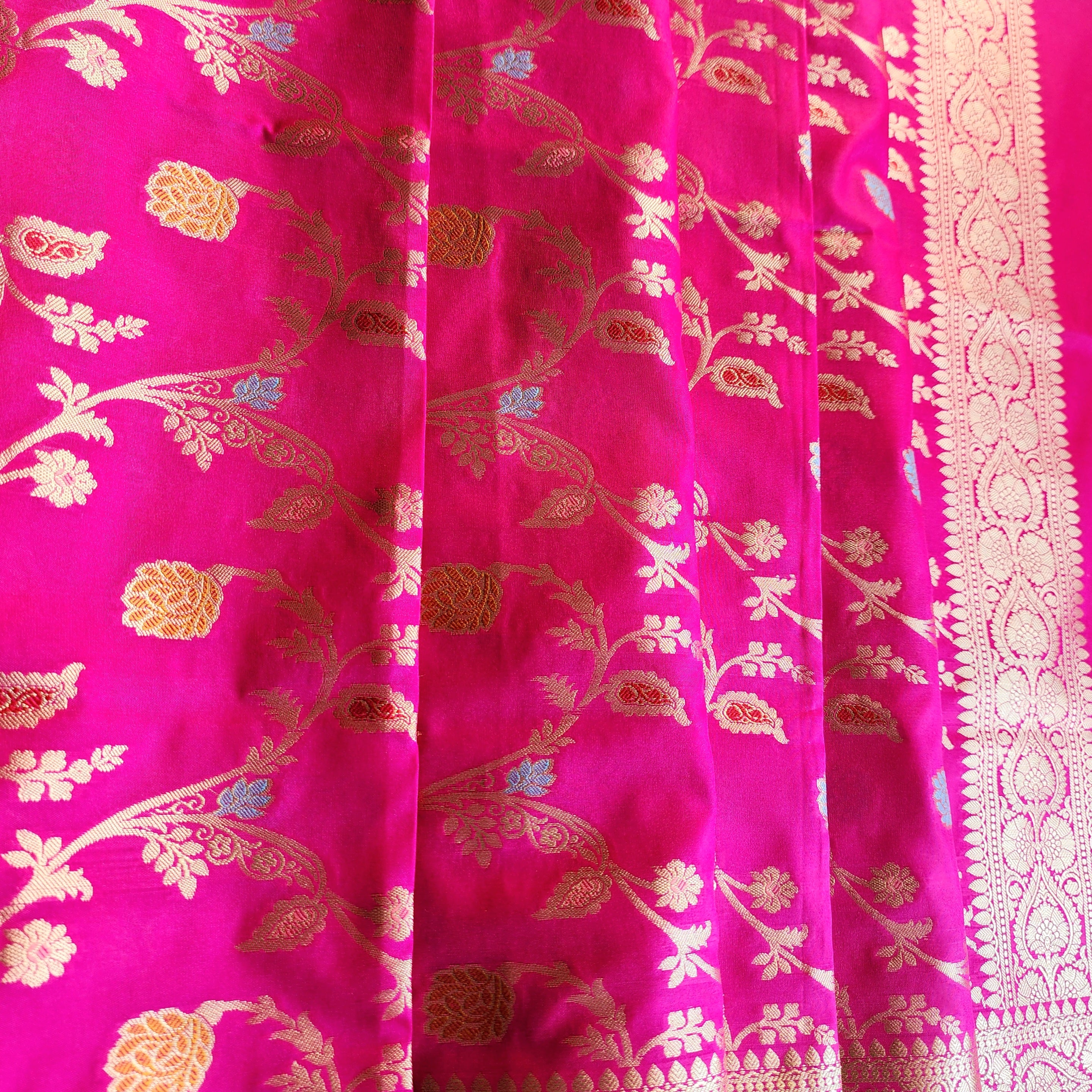 Hot Pink Banarasi Silk Dupatta with Gold Zari Border & Multicolor Meenakari Work