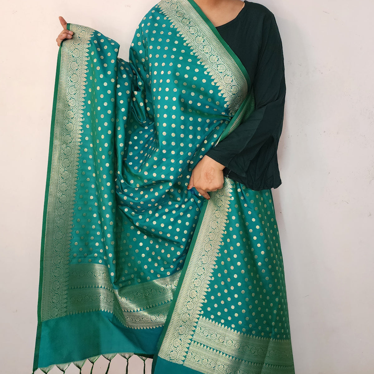Teal Green Banarasi Silk Dupatta with Gold Polka Dot