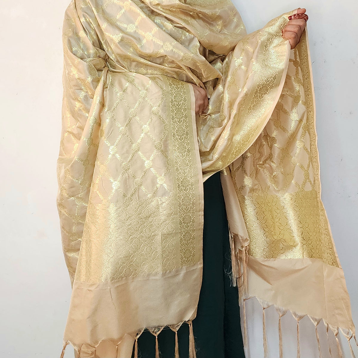 Banarasi Tapetta Silk - Champagne Zari Jaal Dupatta