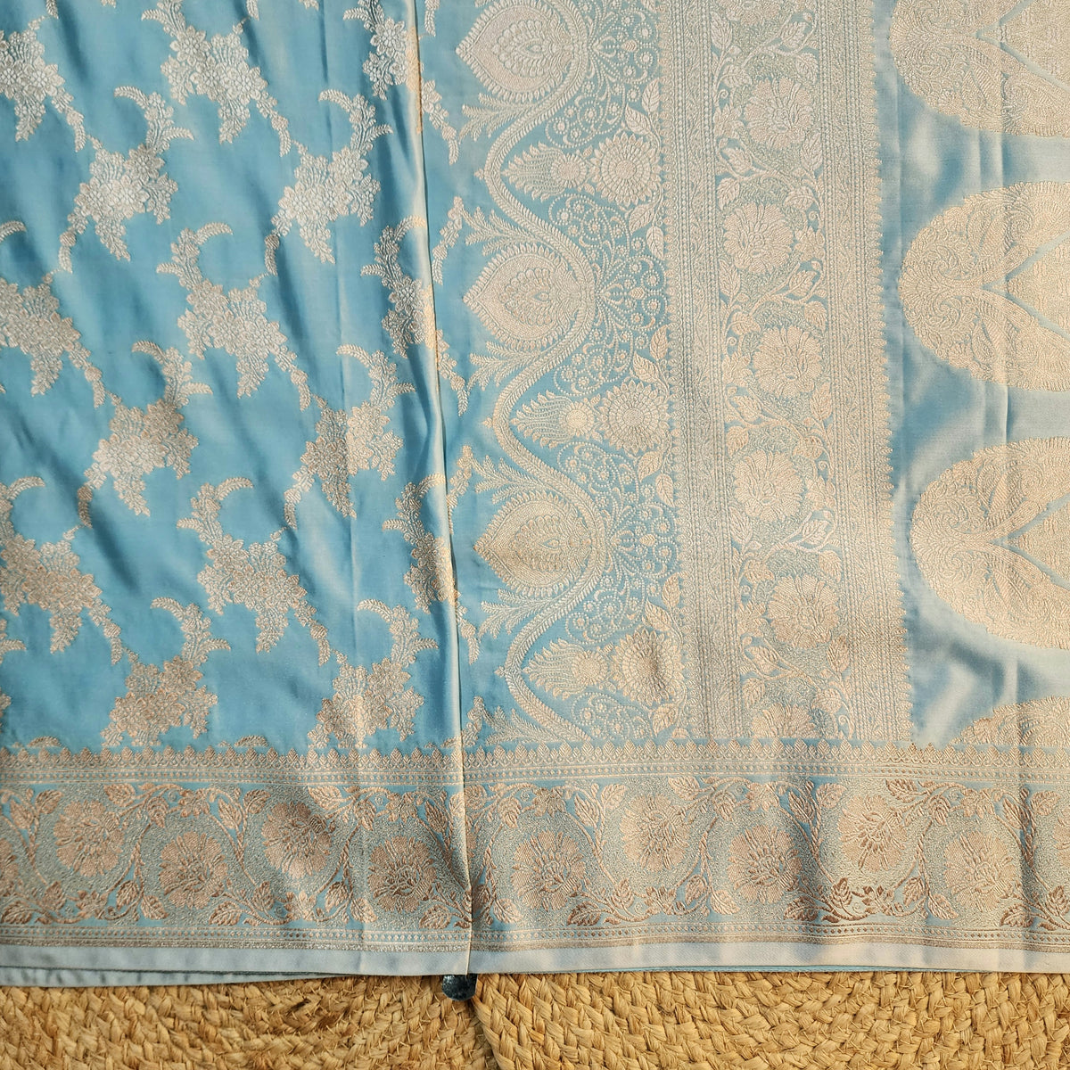 Powder Blue Banarasi Katan Silk Saree with Floral Vine Jaal