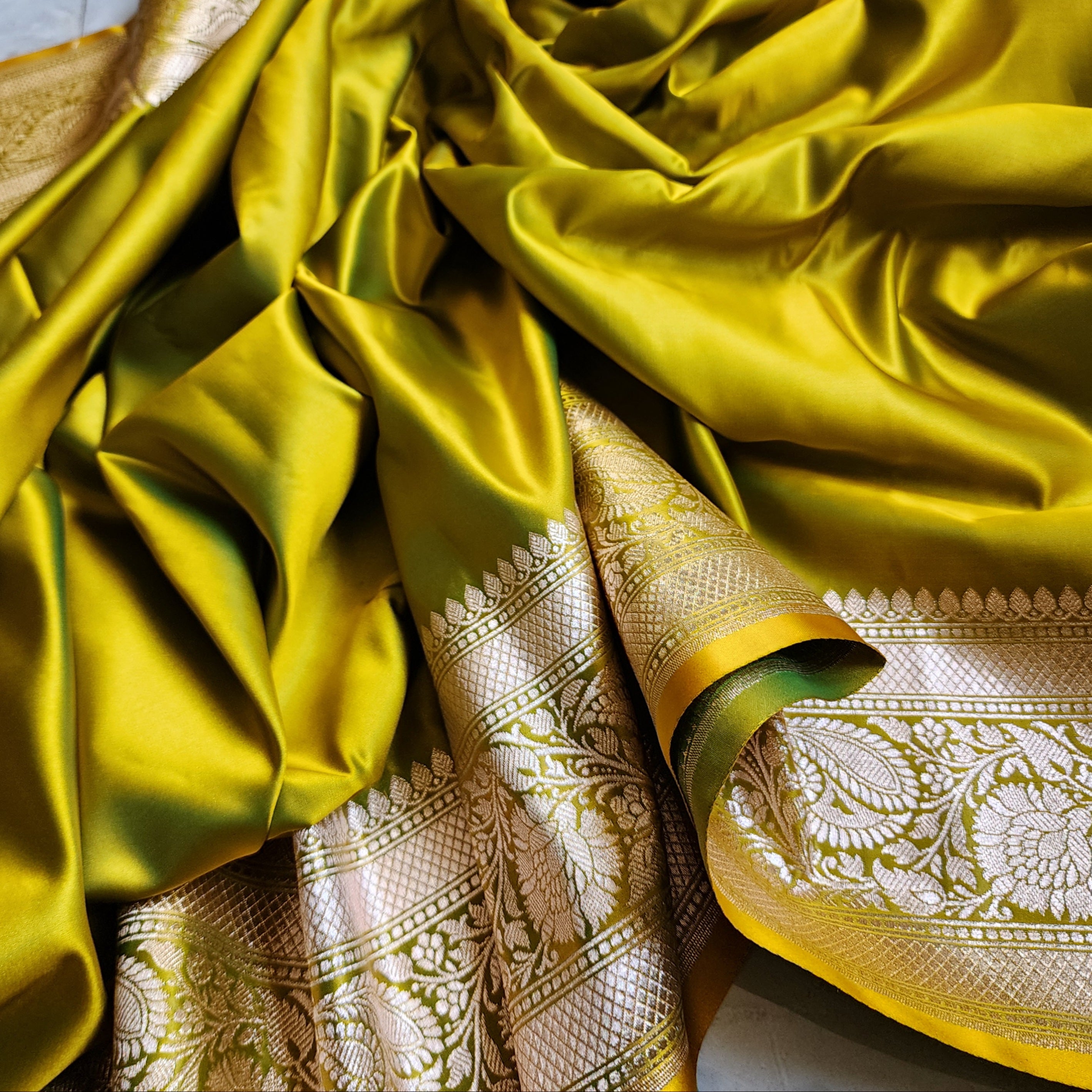 Olive Green Pure Banarasi Katan Silk Saree with light Gold Zari Weaving