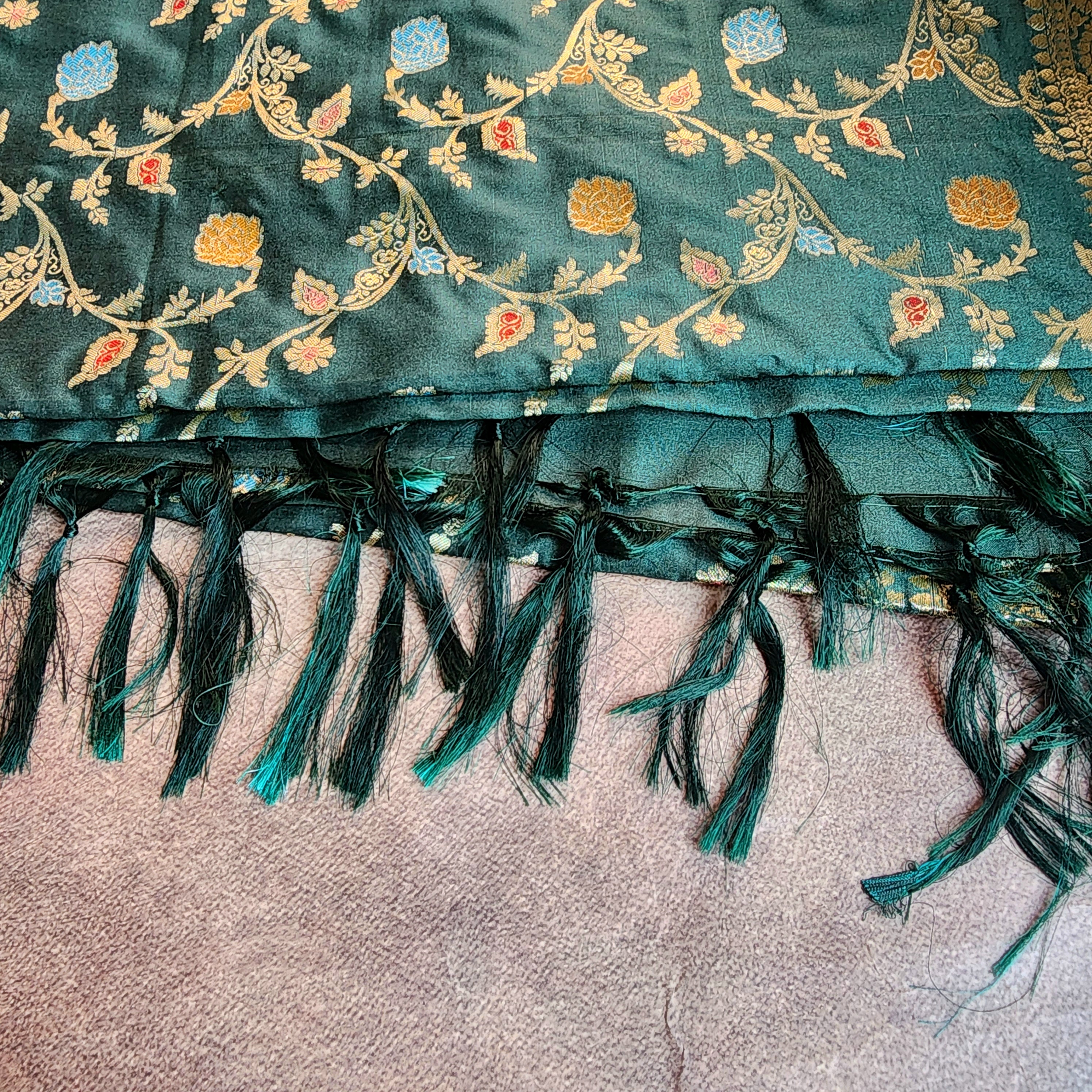 Bottle Green Banarasi Silk Dupatta with Gold Zari Border & Multicolor Meenakari Work