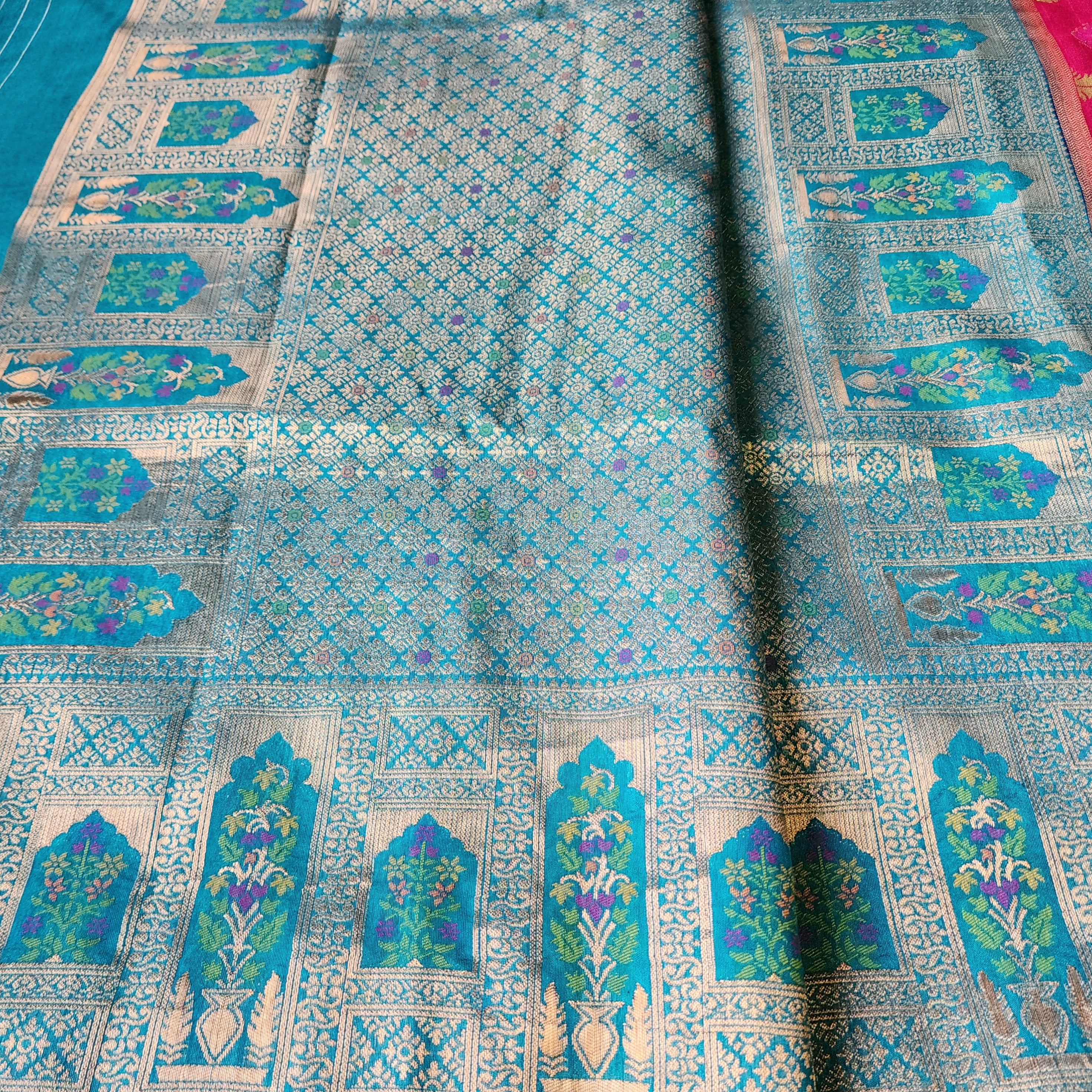 Rani Pink Dupion Patola with Turquoise Blue Border & Heavy Gold Zari