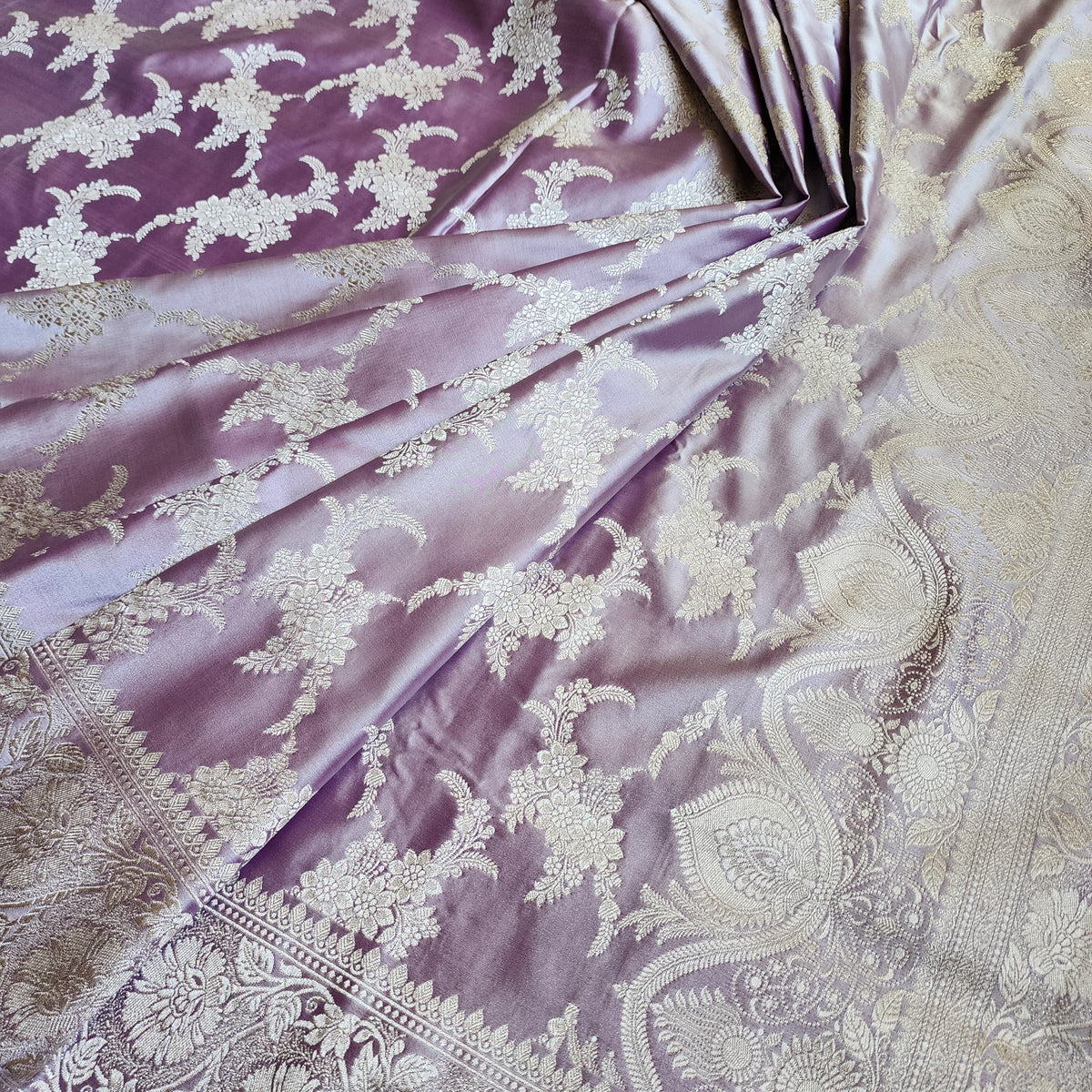 Dusty Lilac Banarasi Katan Silk Saree with Floral Vine Jaal