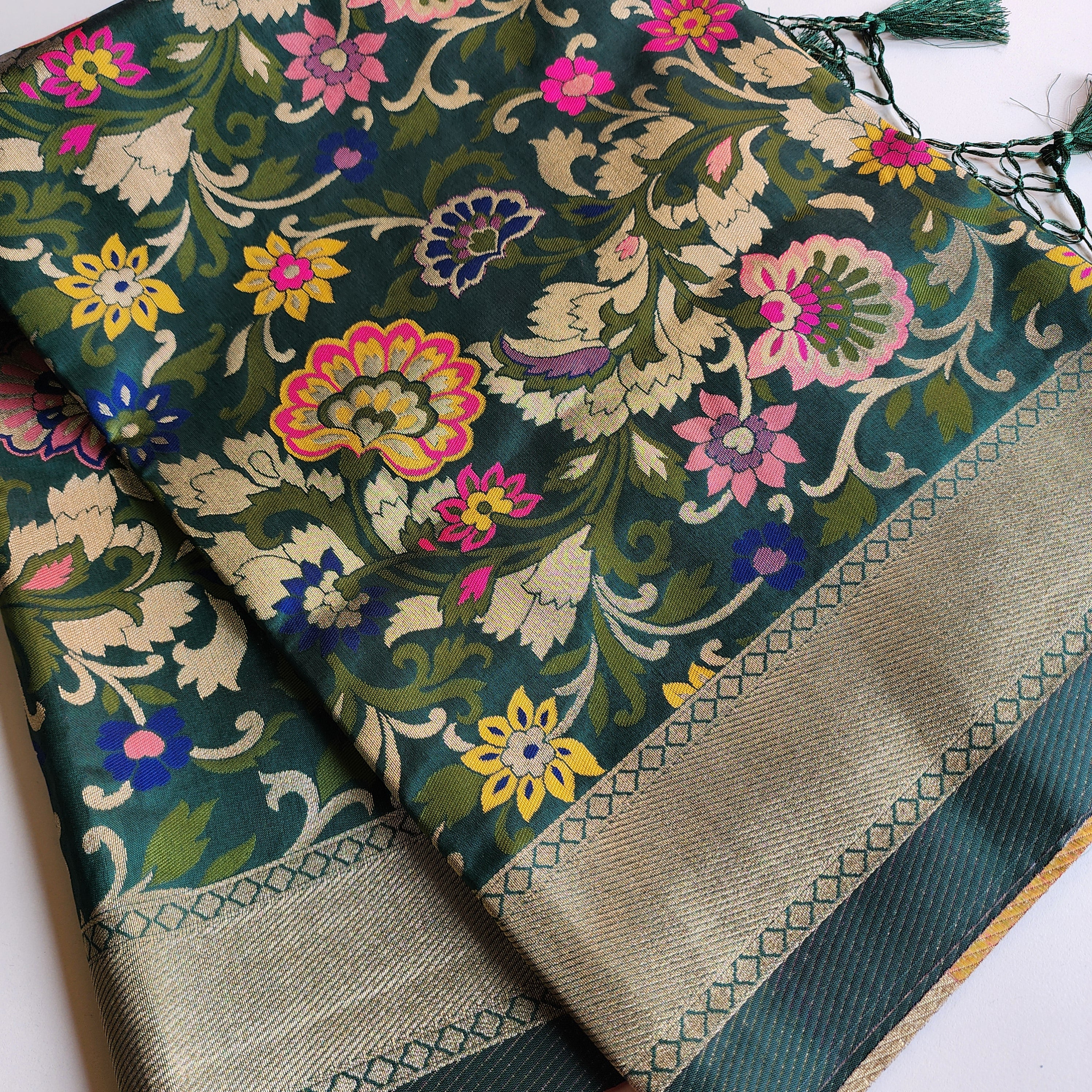 Banarasi Silk Bottle Green Dupatta with Multicolor & Gold Floral Handweaving