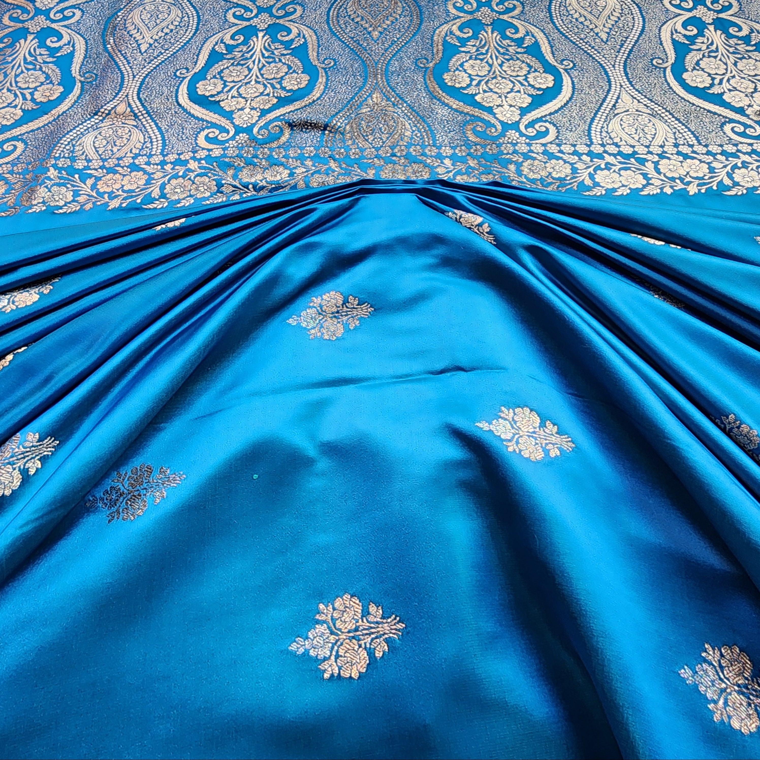 Dual-Tone Shiny Blue Pure Banarasi Katan Silk Saree