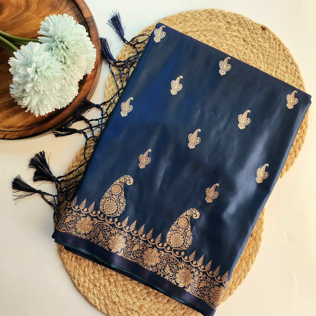 Midnight Blue Paisley Katan Silk Saree with Gold Zari