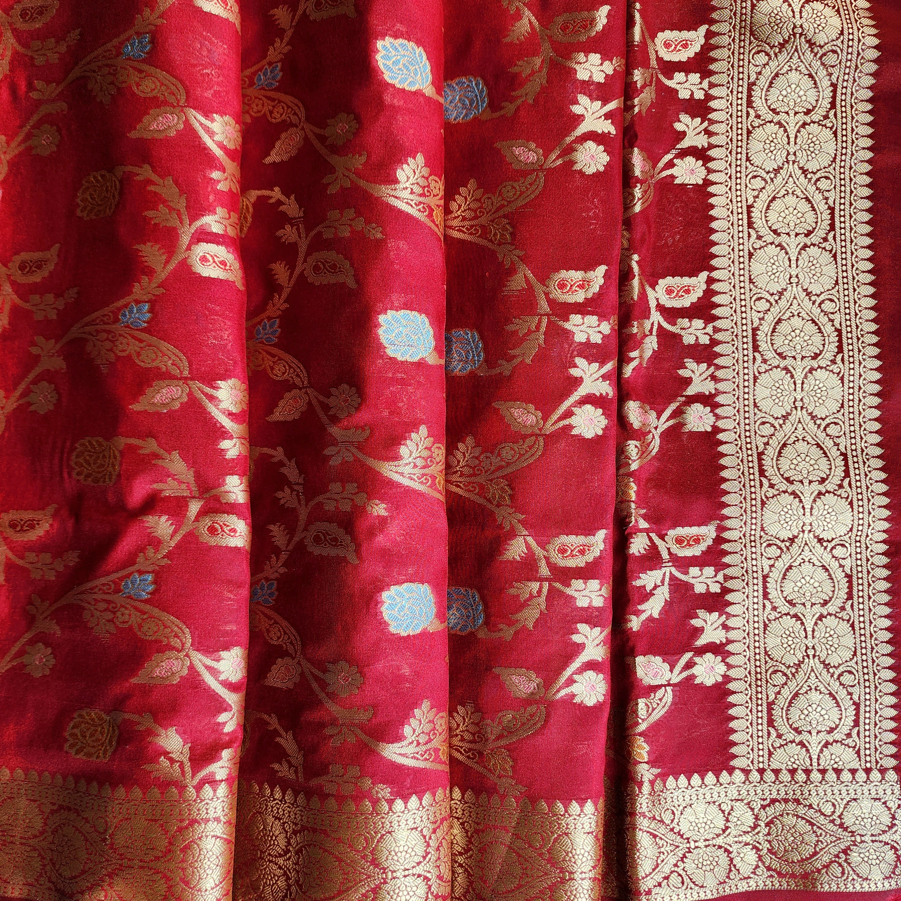 Maroon Banarasi Silk Dupatta with Gold Zari Border & Multicolor Meenakari Work