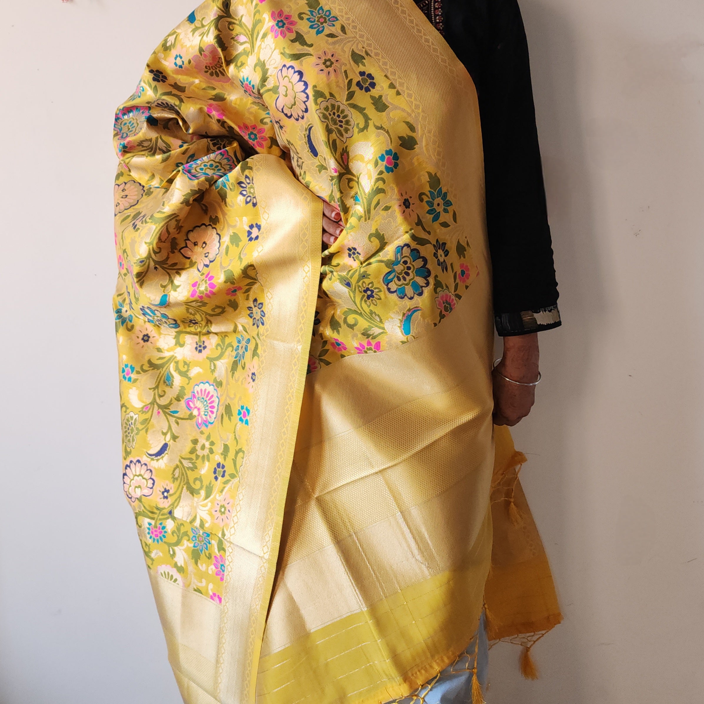 Banarasi Silk Sunshine Yellow Dupatta with Multicolor & Gold Floral Handweaving