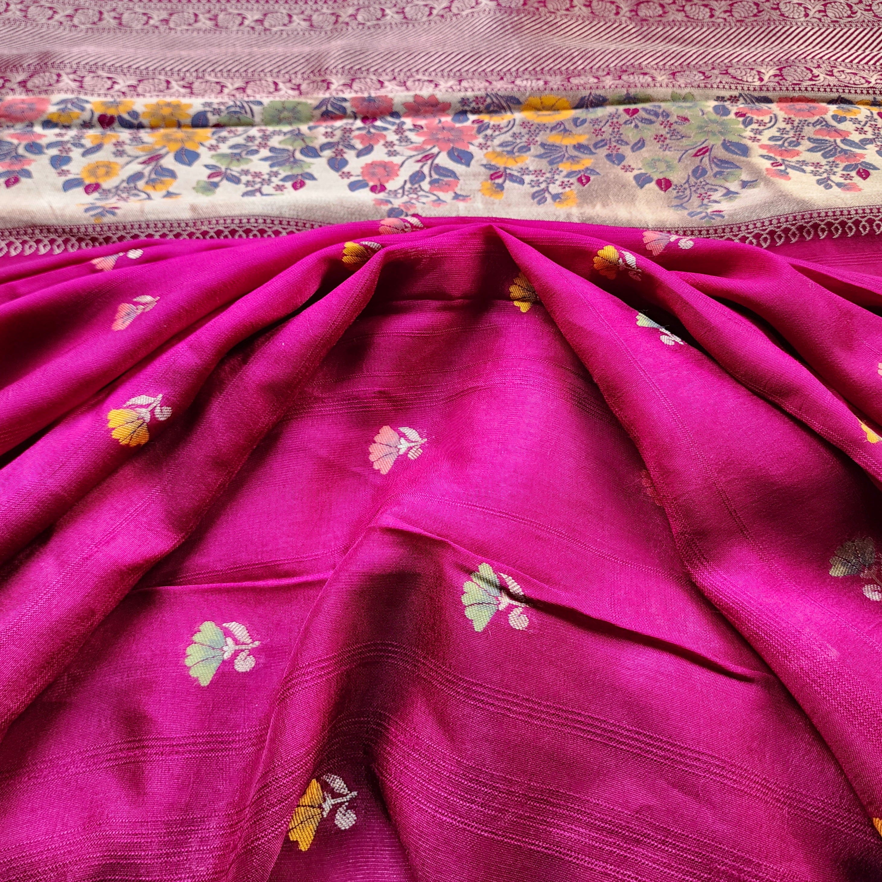 Soft Wine Raw Silk Saree With Pastel Floral Weaving and Off White Border