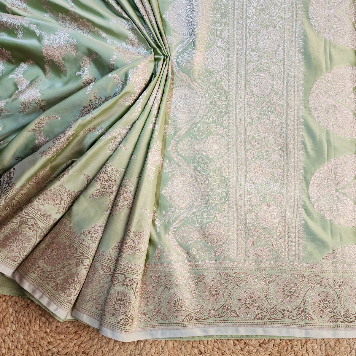 Olive Green Banarasi Katan Silk Saree with Floral Vine Jaal