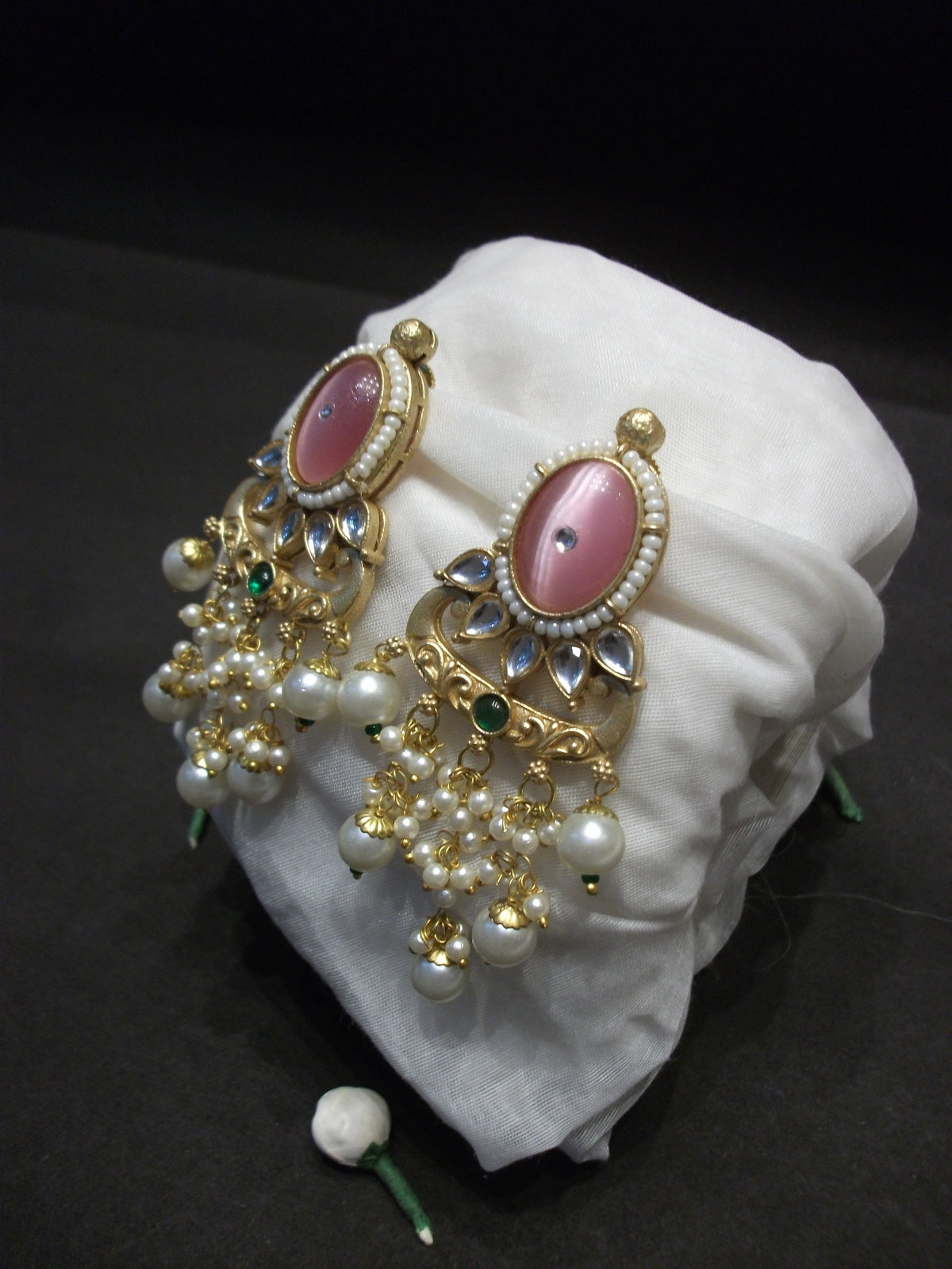 Royal Gold-Finish Oval Pink Cabochon Earrings