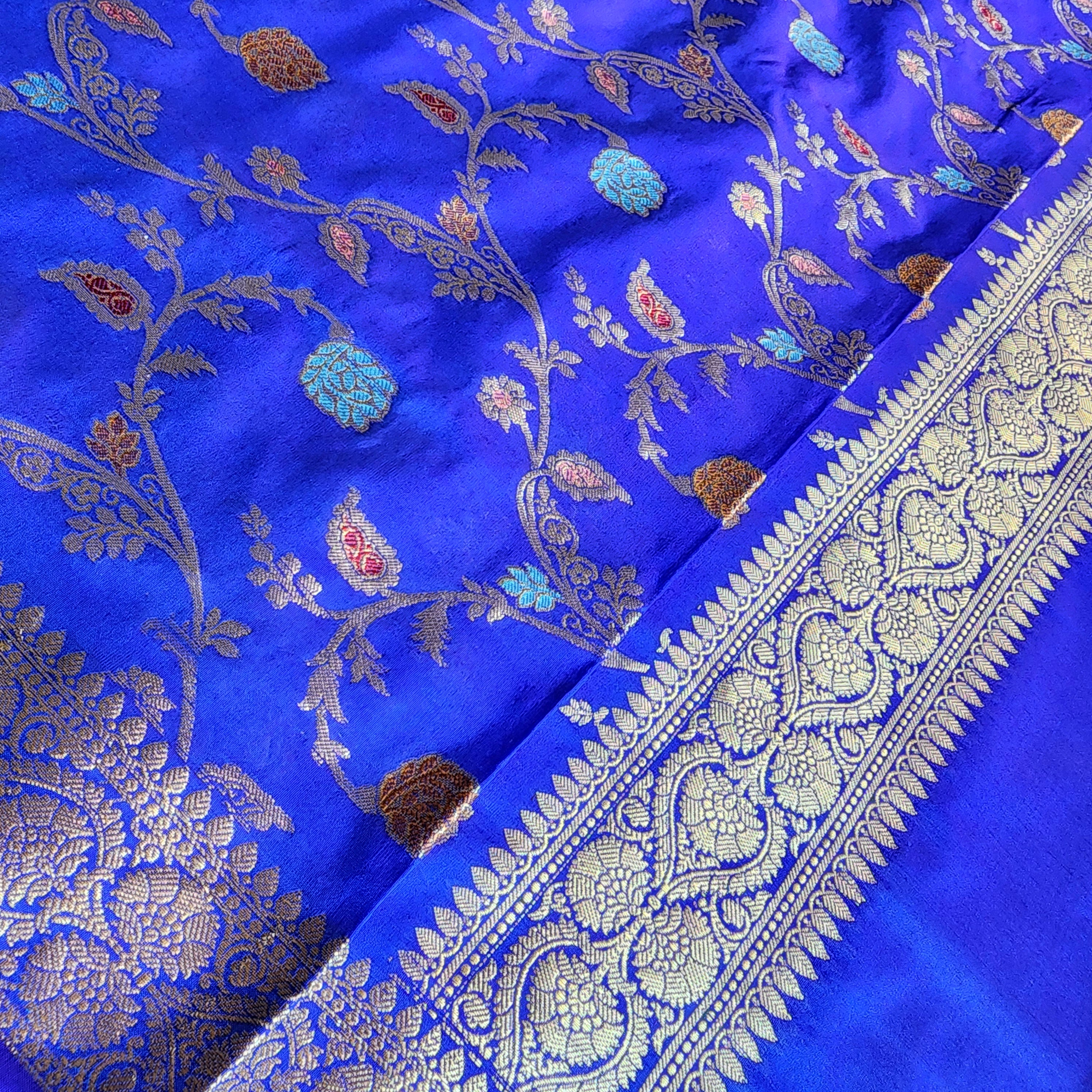 Royal Blue Banarasi Silk Dupatta with Gold Zari Border & Multicolor Meenakari Work