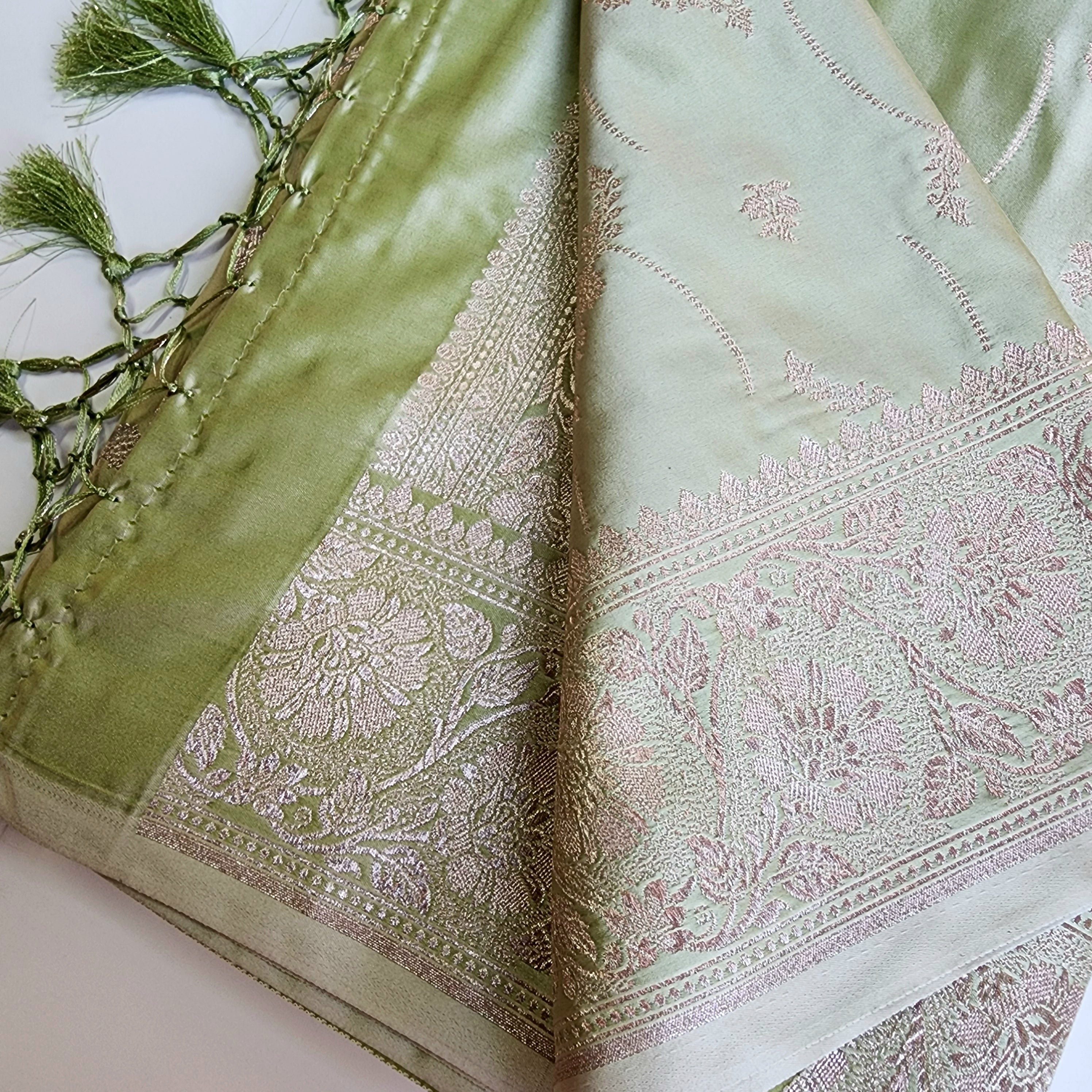 Pastel Sage Green Banarasi Katan Silk Saree with Light Gold Zari weaving