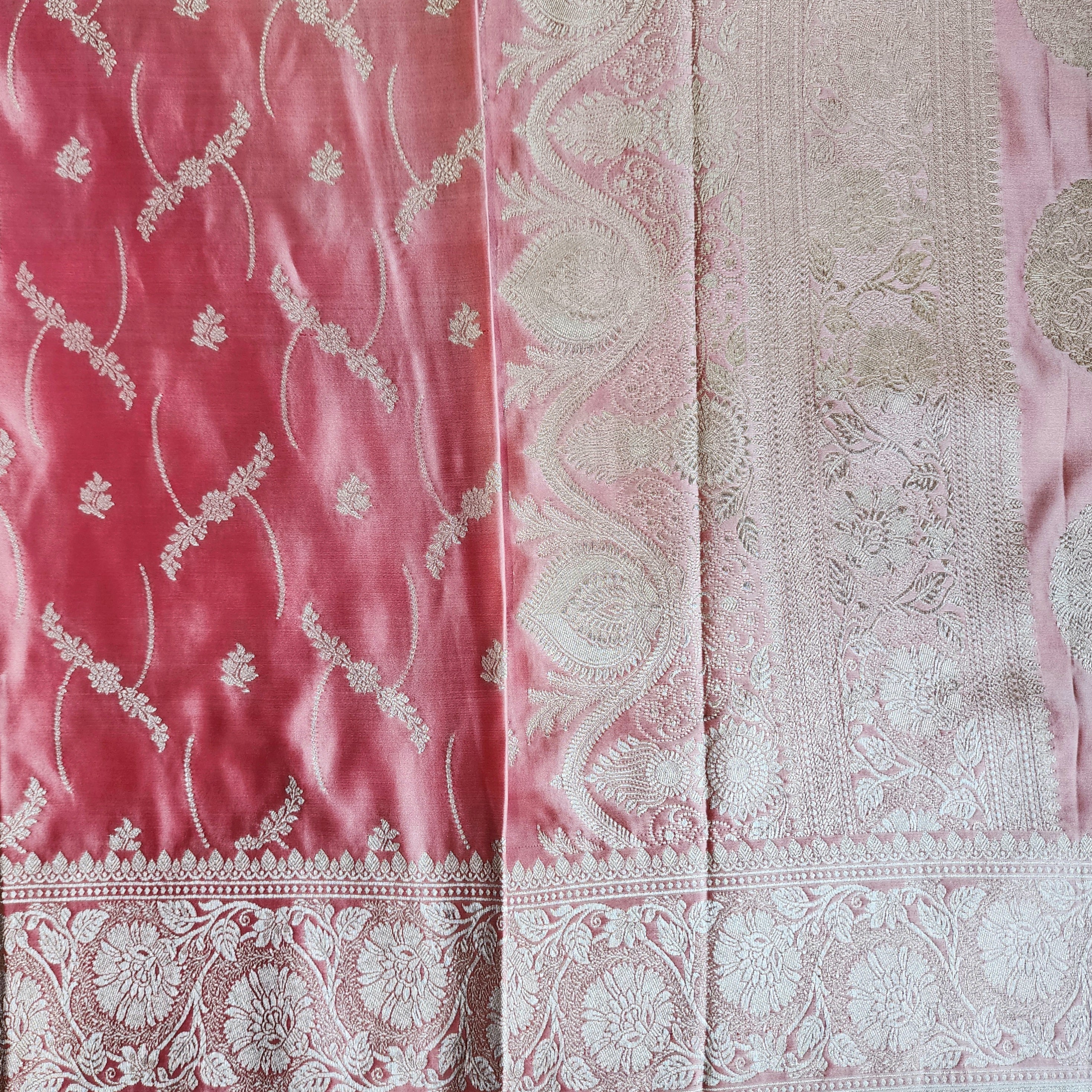 Pastel Baby Pink Banarasi Katan Silk Saree with Light Gold Zari weaving