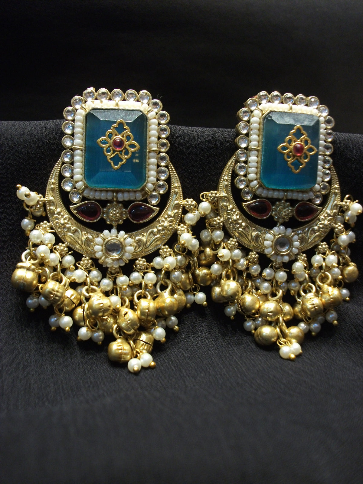 Antique Gold Kundan Style Teal Blue Earrings with Hanging Pearls
