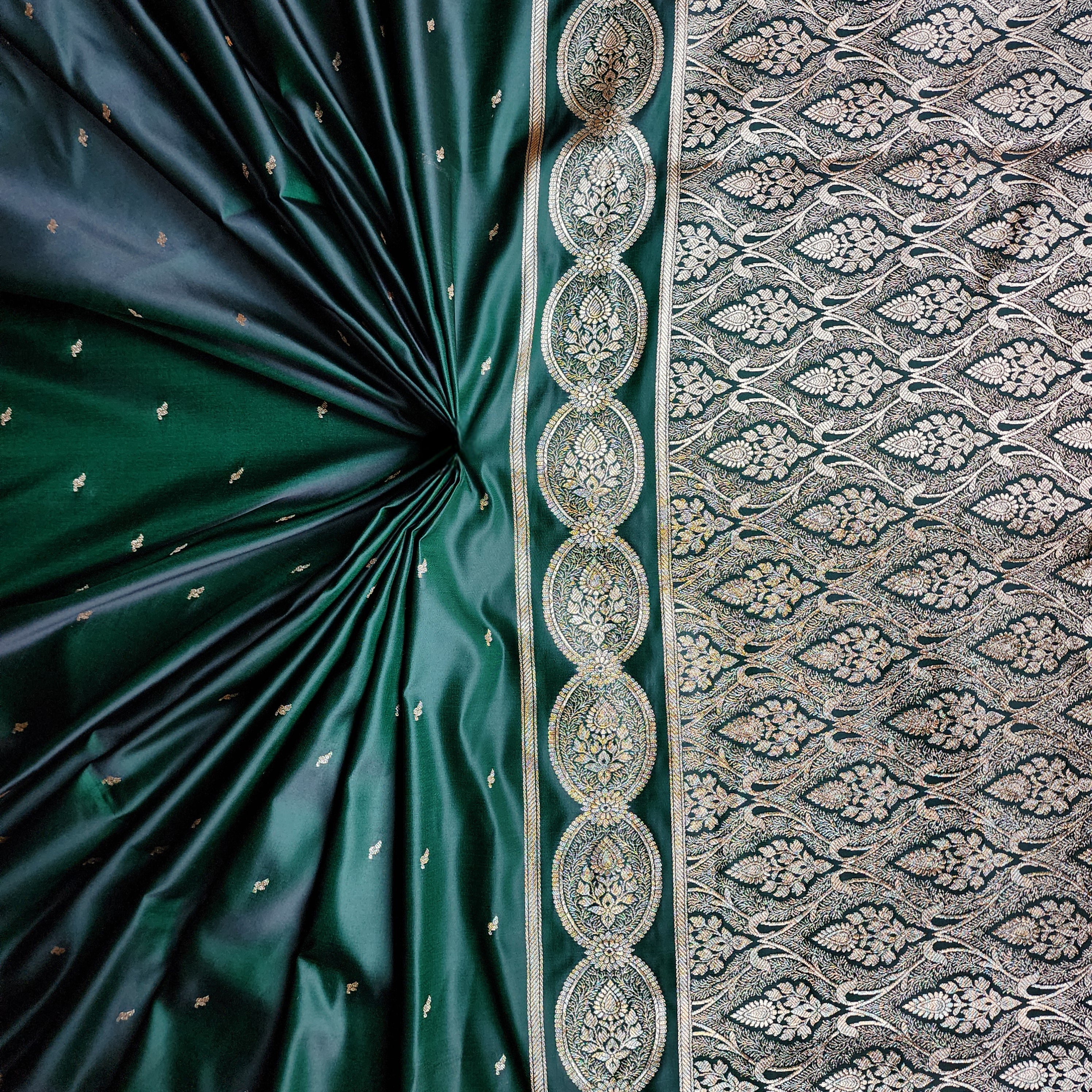 Bottle Green Banarasi Katan Silk Saree with Gold Zari Weaving