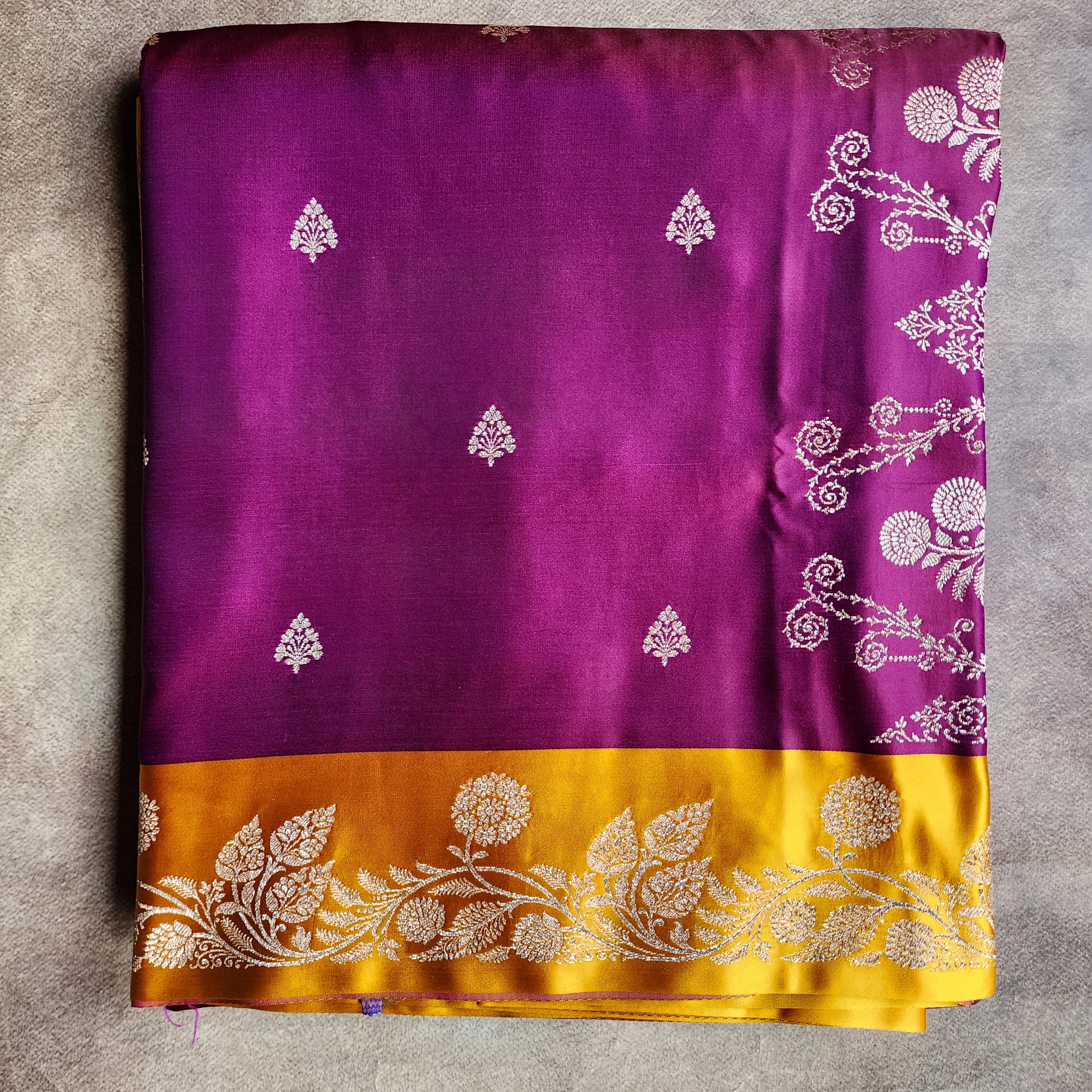 Wine Maroon Pure Banarasi Katan Silk Saree with Mustard Yellow Border