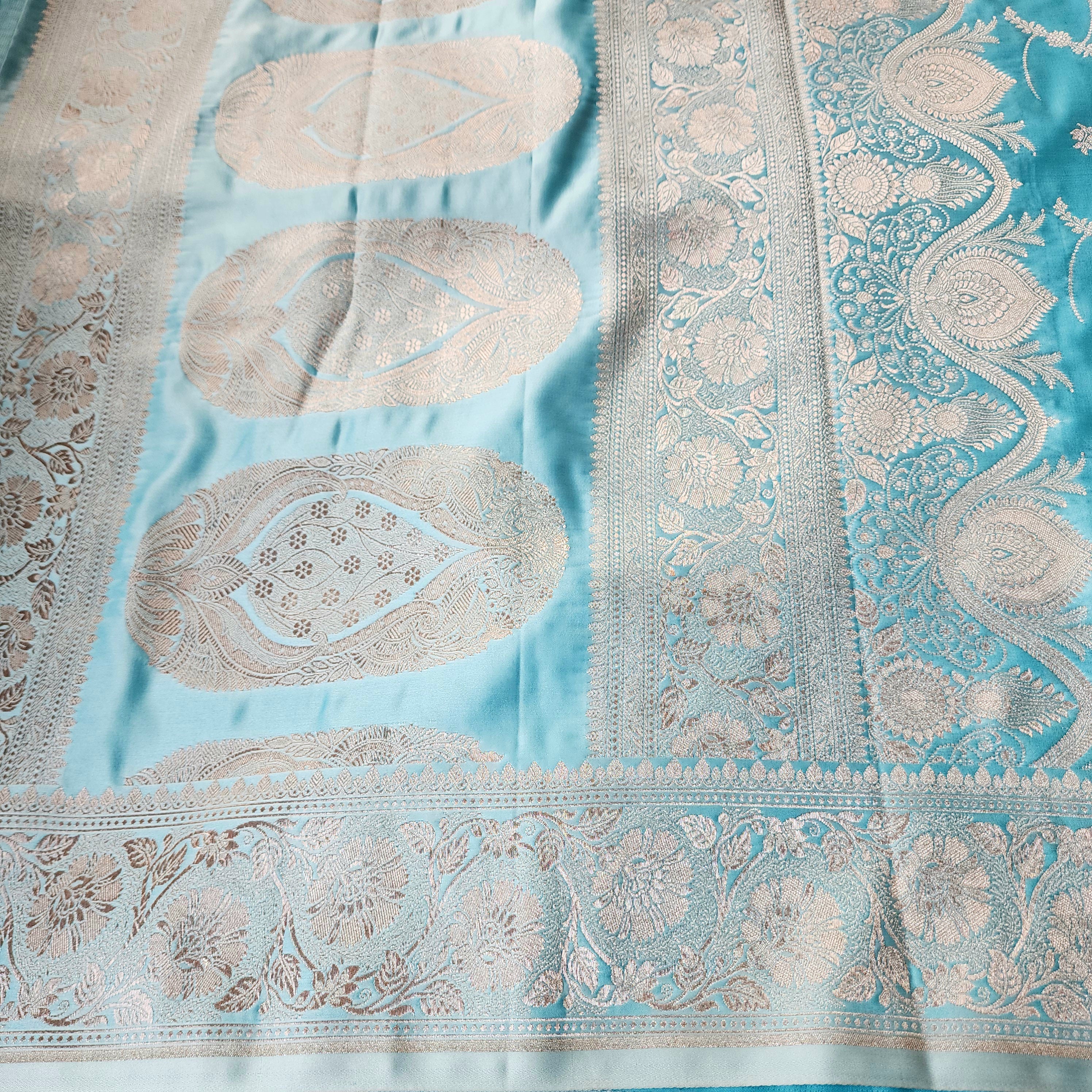 Pastel Sky Blue Banarasi Katan Silk Saree with Light Gold Zari weaving