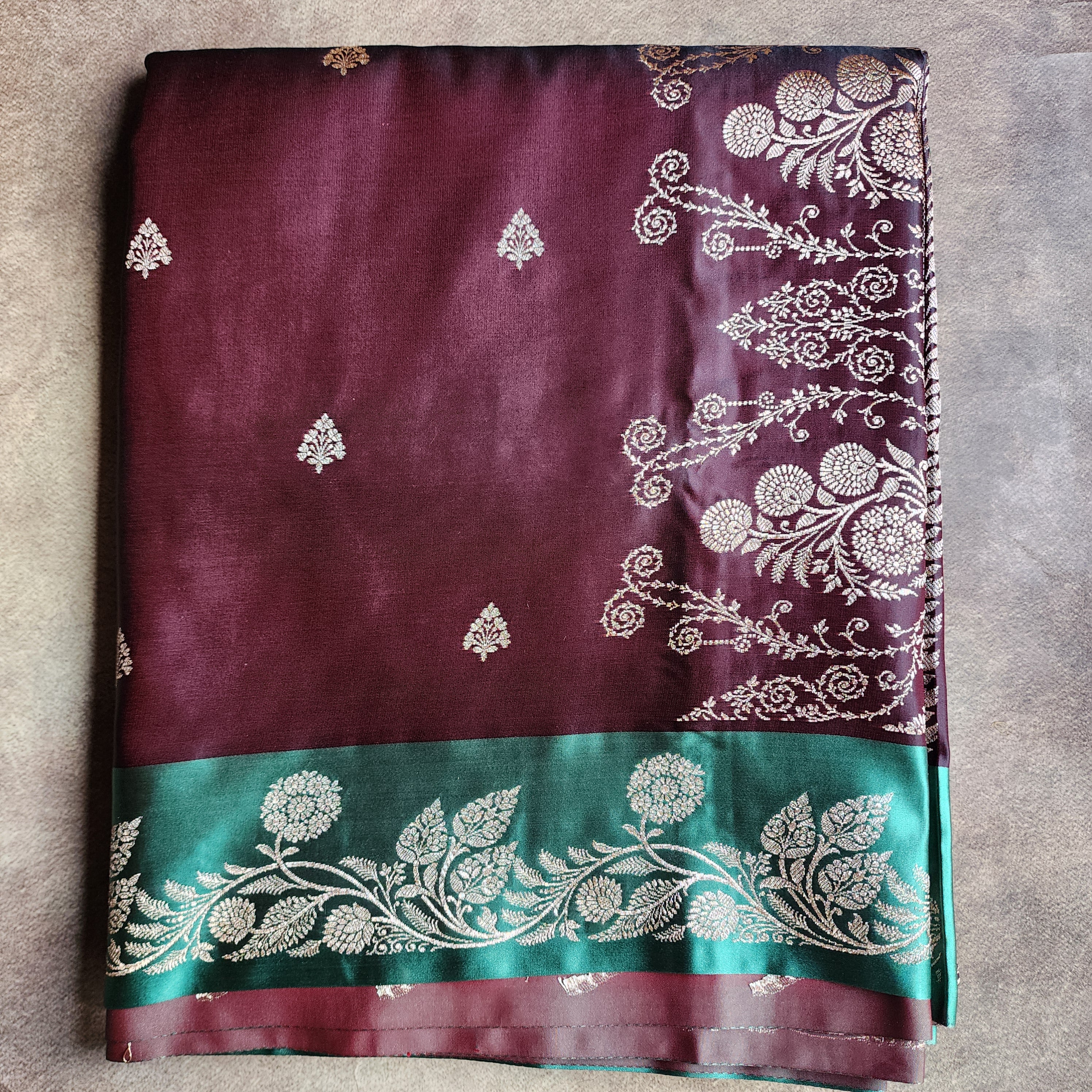Chocolate Brown Pure Banarasi Katan Silk Saree with Sea Green Border