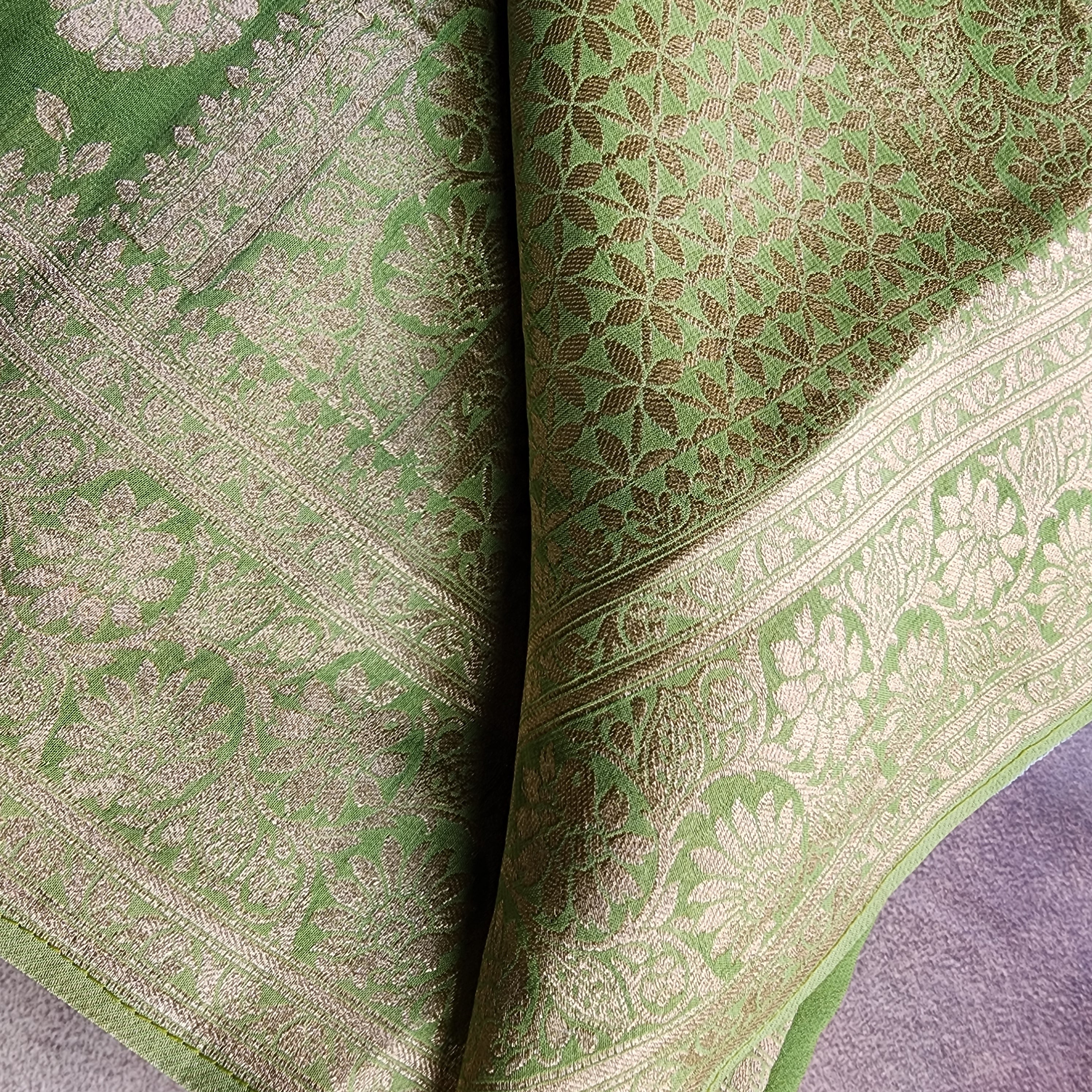 Khaddi Georgette Pure Banarasi Saree in Light Bottle Green