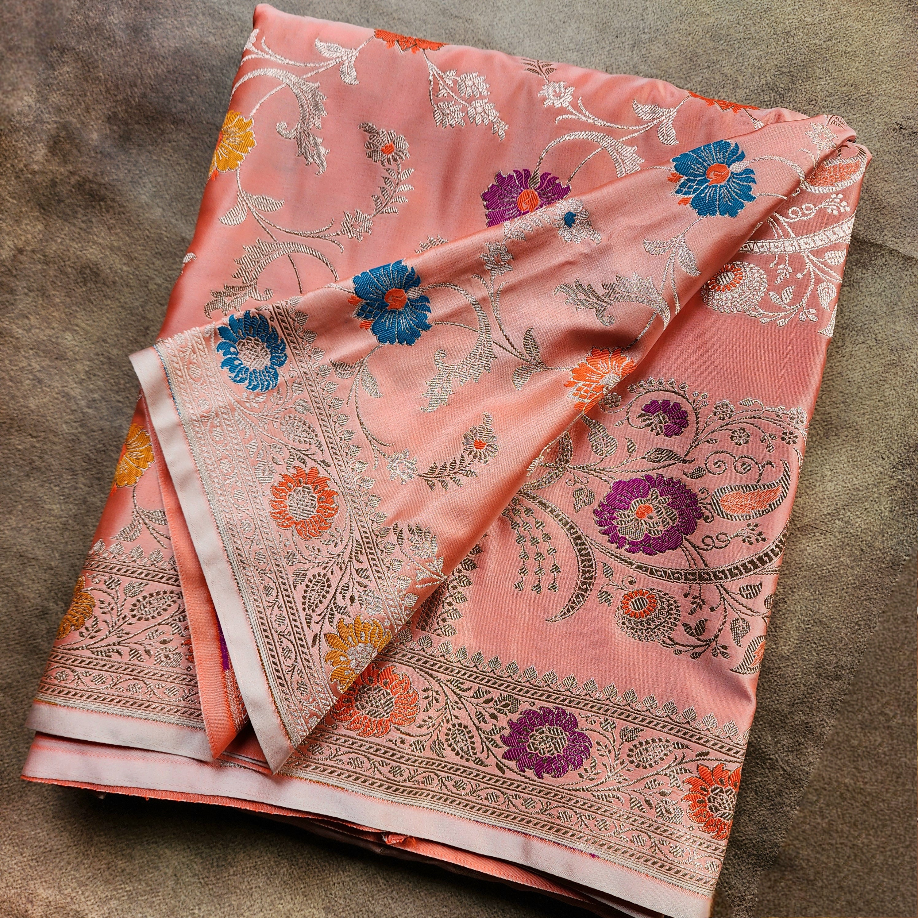 Enriched Banarasi Katan Silk Saree | Peach Multicolor Meenakari Floral Jaal