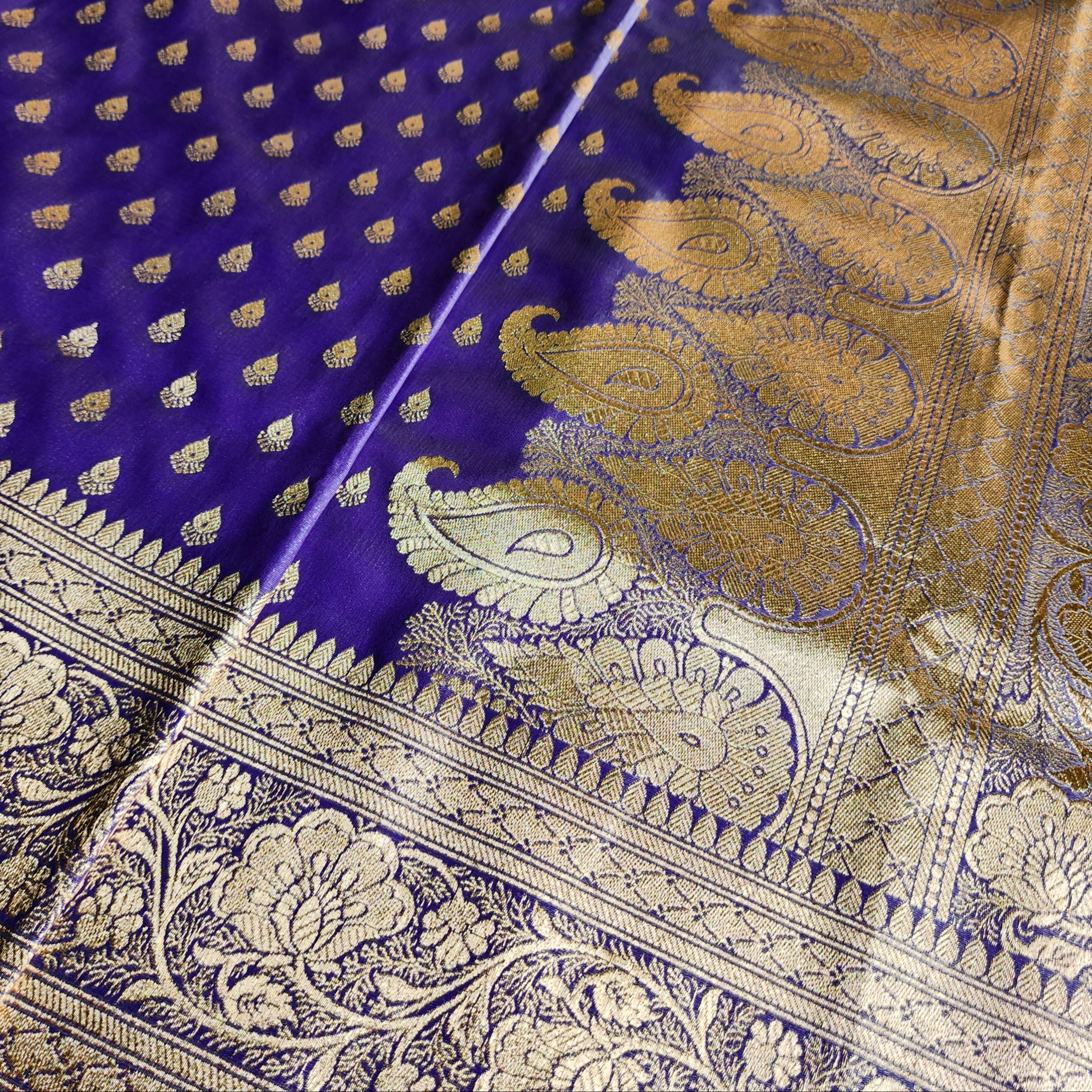 Rich Indigo Purple Banarasi Silk Saree with Gold Zari Weaving