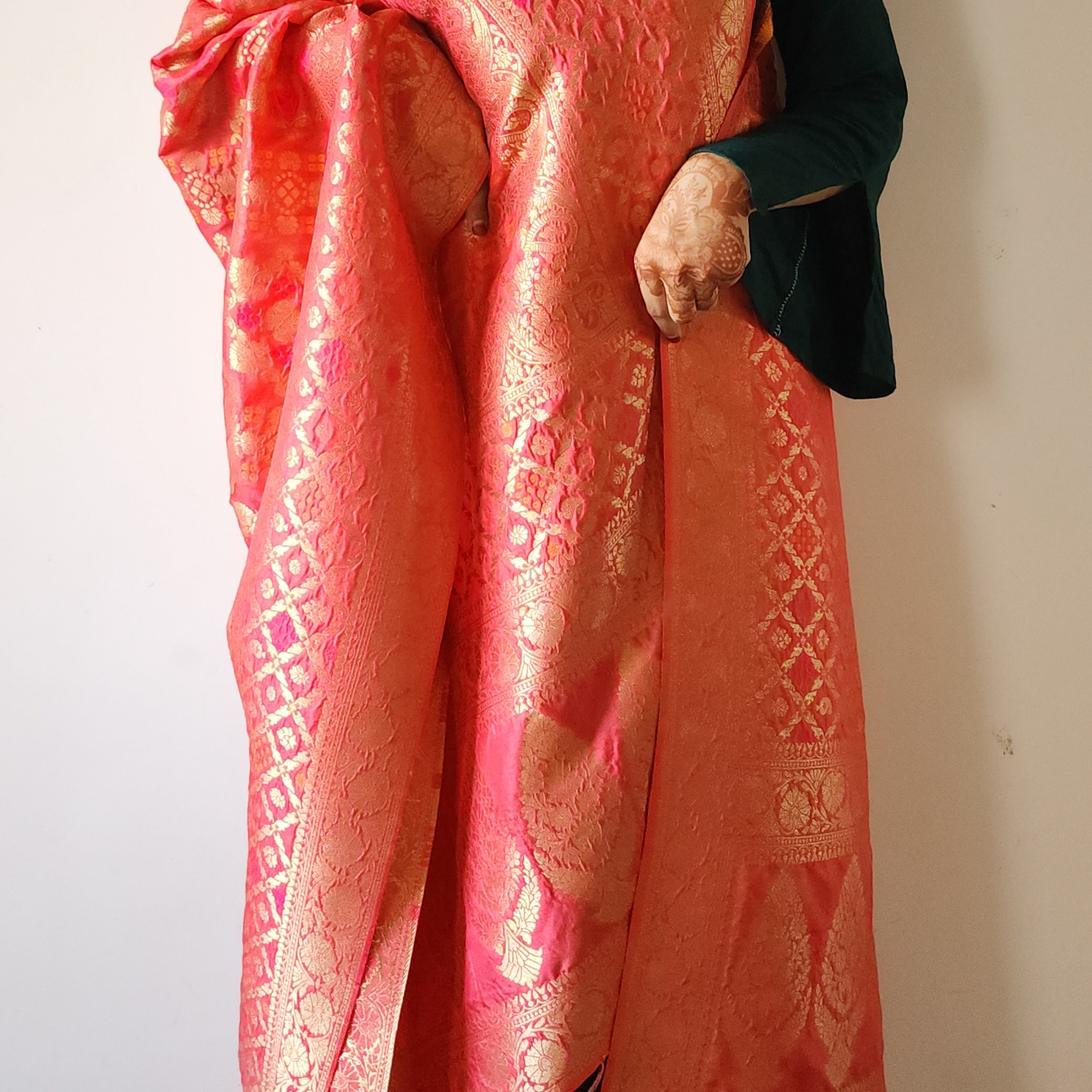 Rose Pink Bandhani Dupatta with Floral and Geometric Zari Weave