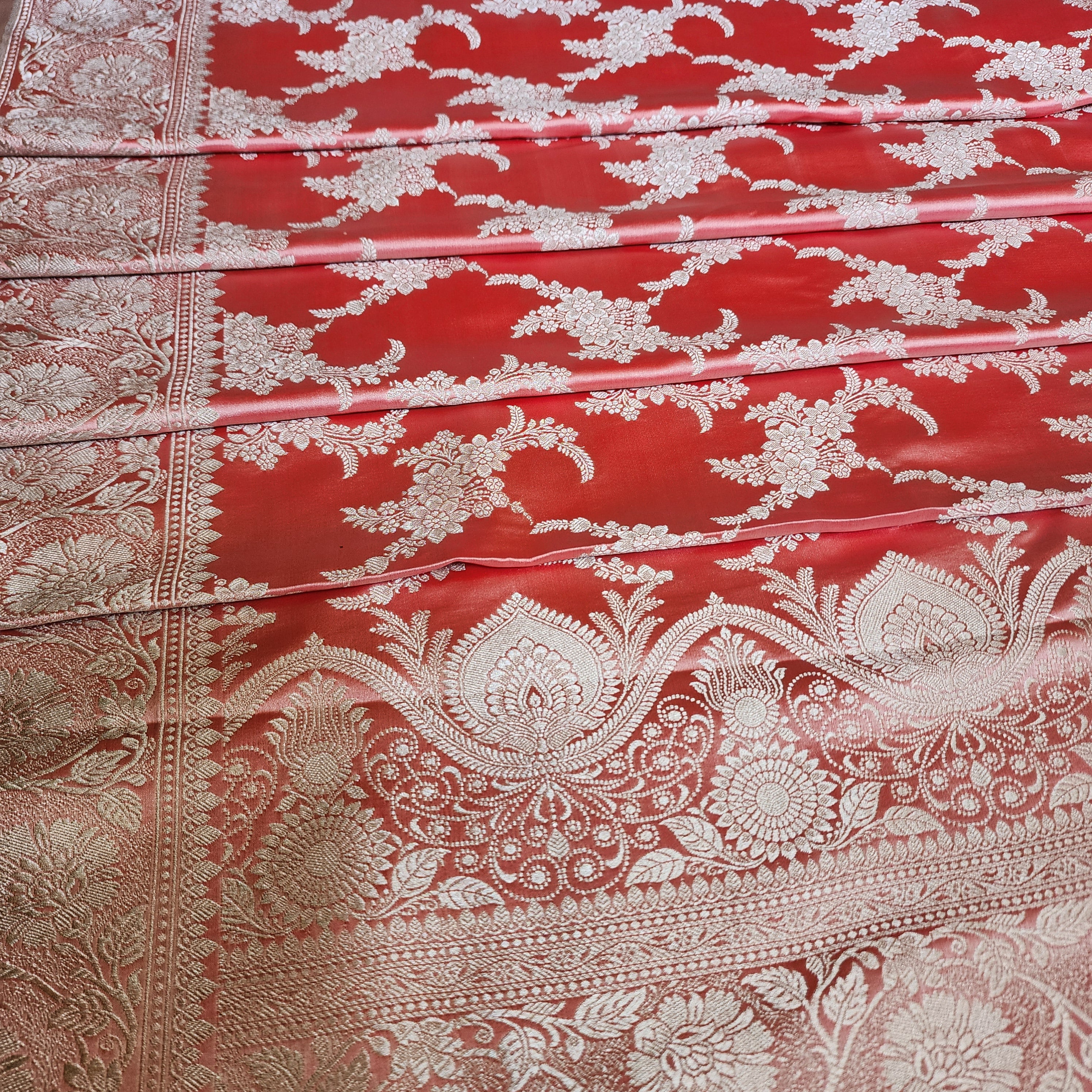 Blush Coral Banarasi Katan Silk Saree with Floral Vine Jaal