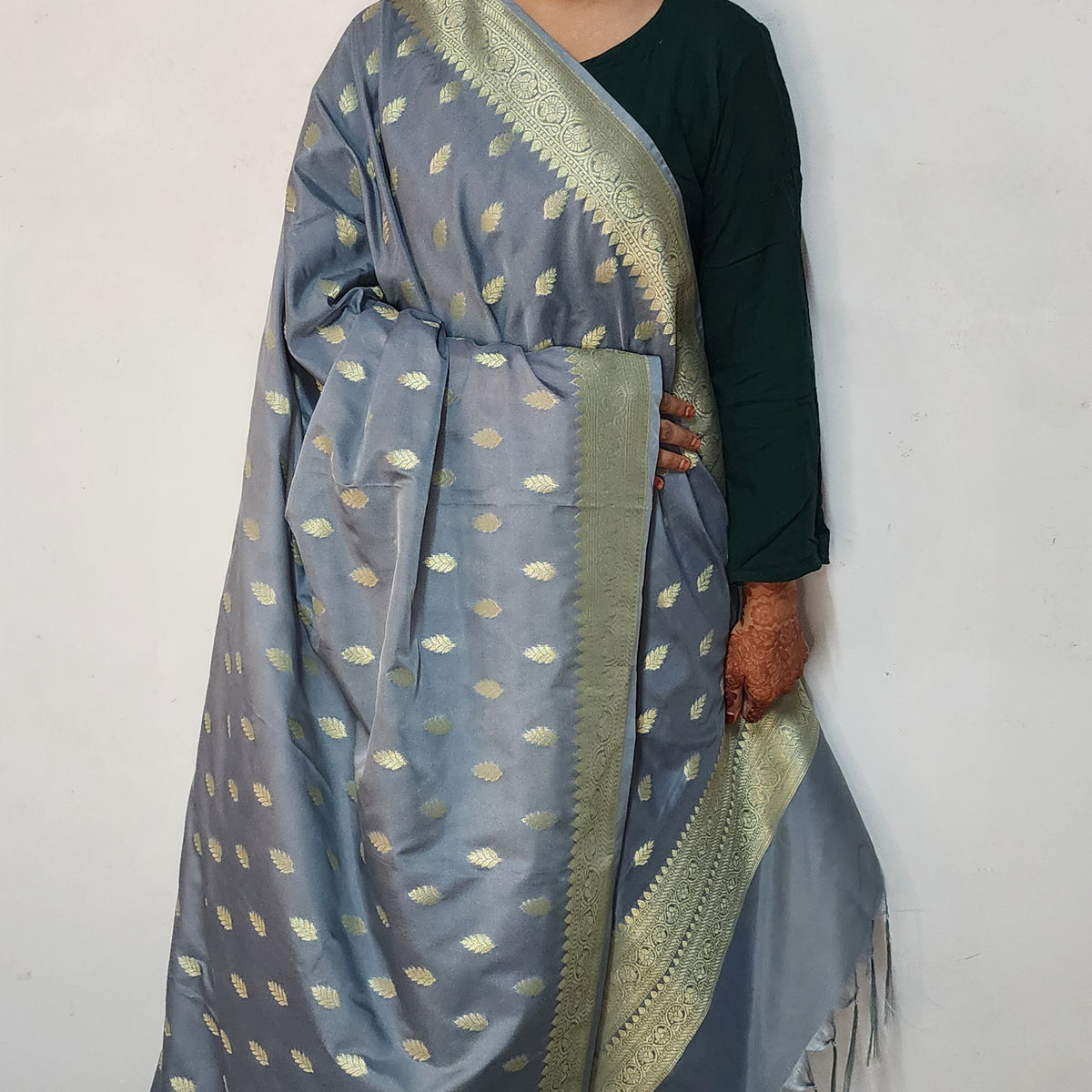 Steel Blue Banarasi Tapetta Silk Leaf Weave Dupatta