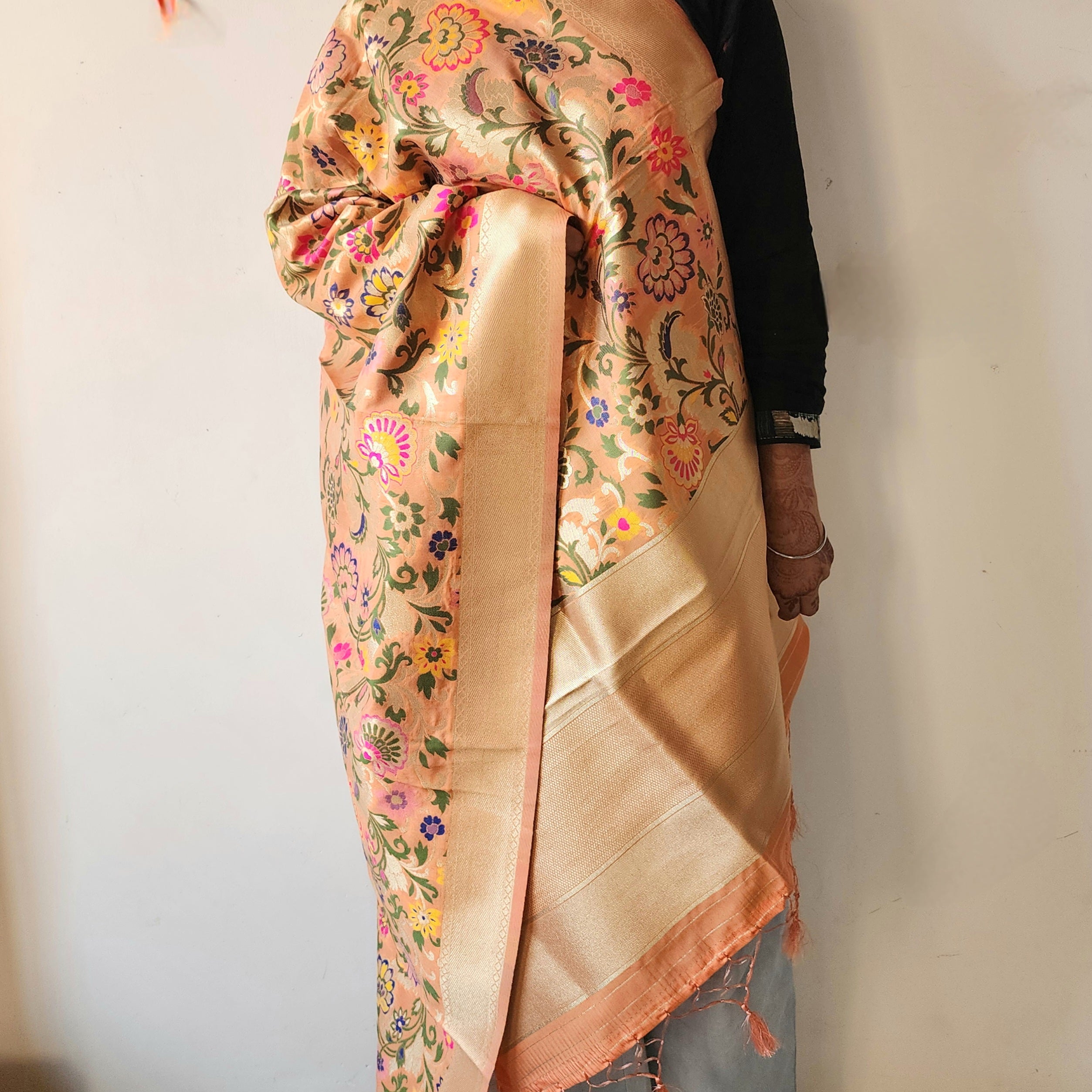 Banarasi Silk Peach Dupatta with Multicolor & Gold Floral Handweaving