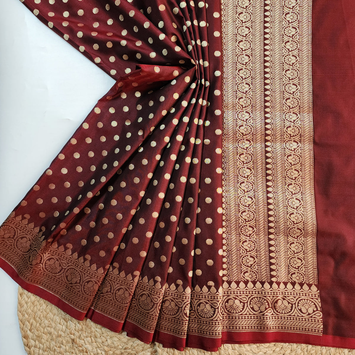 Burgundy Banarasi Silk Dupatta with Gold Polka Dot