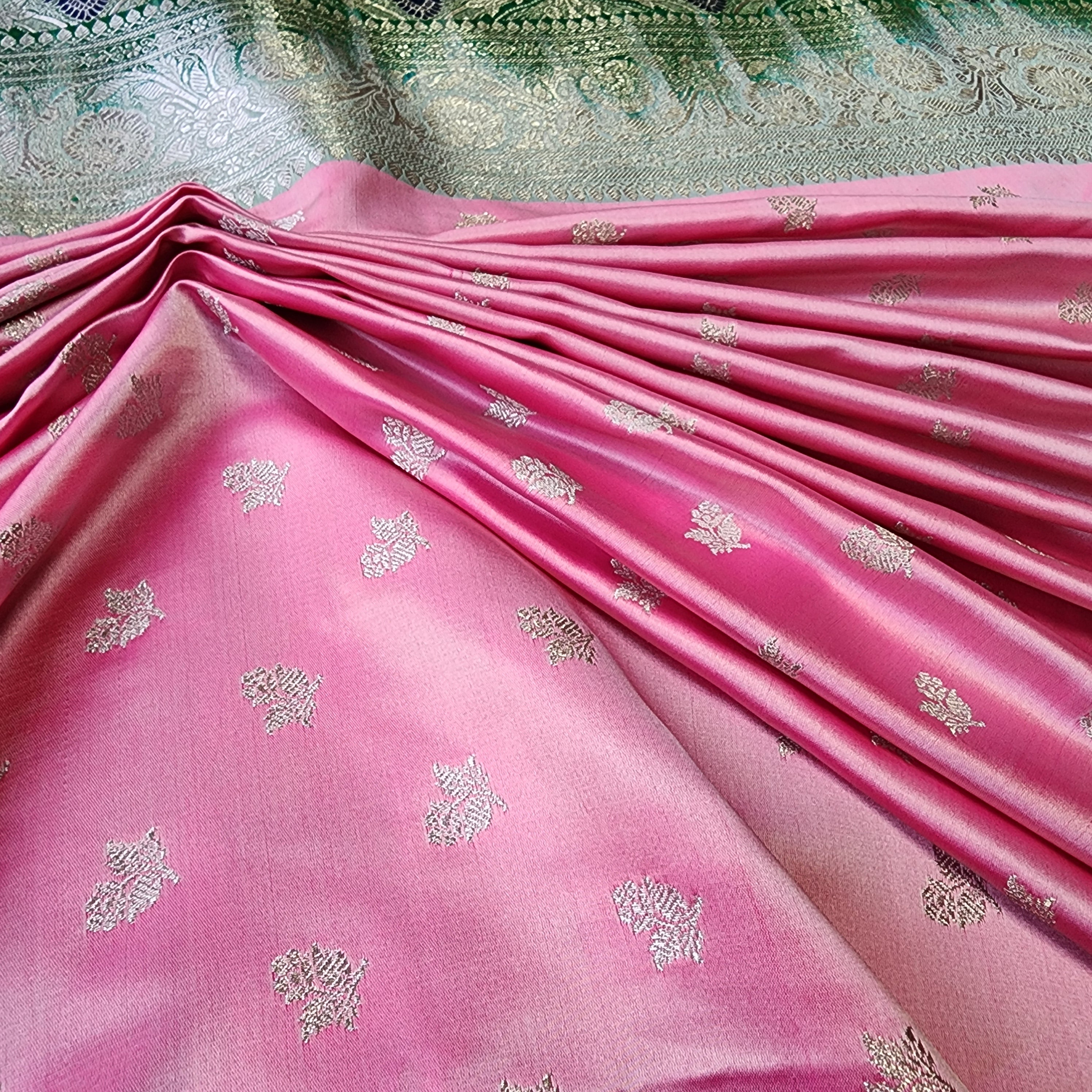 Rose Pink Pure Banarasi Katan Silk Saree with light Gold Zari Weaving