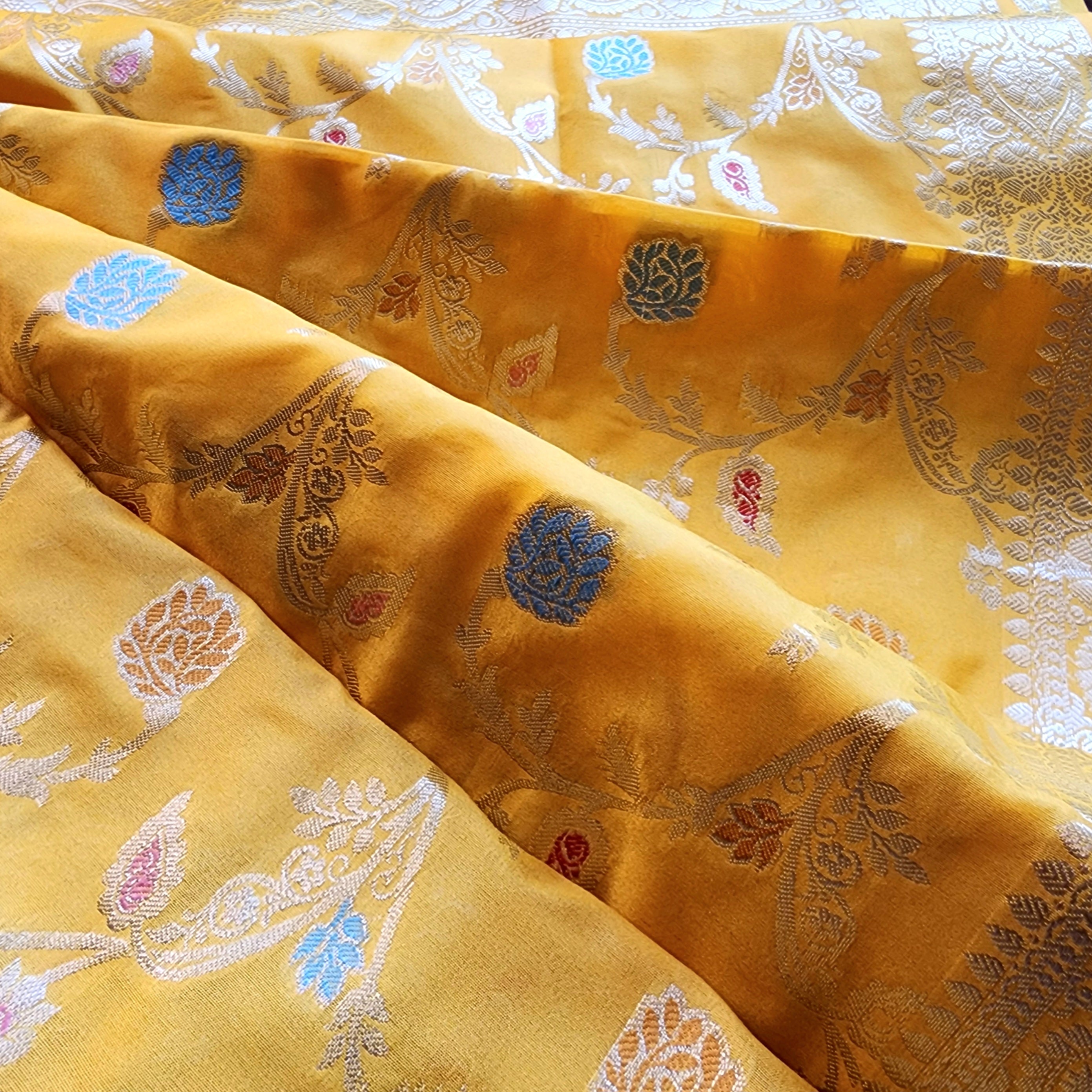 Mustard Yellow Banarasi Silk Dupatta with Gold Zari Border & Multicolor Meenakari Work