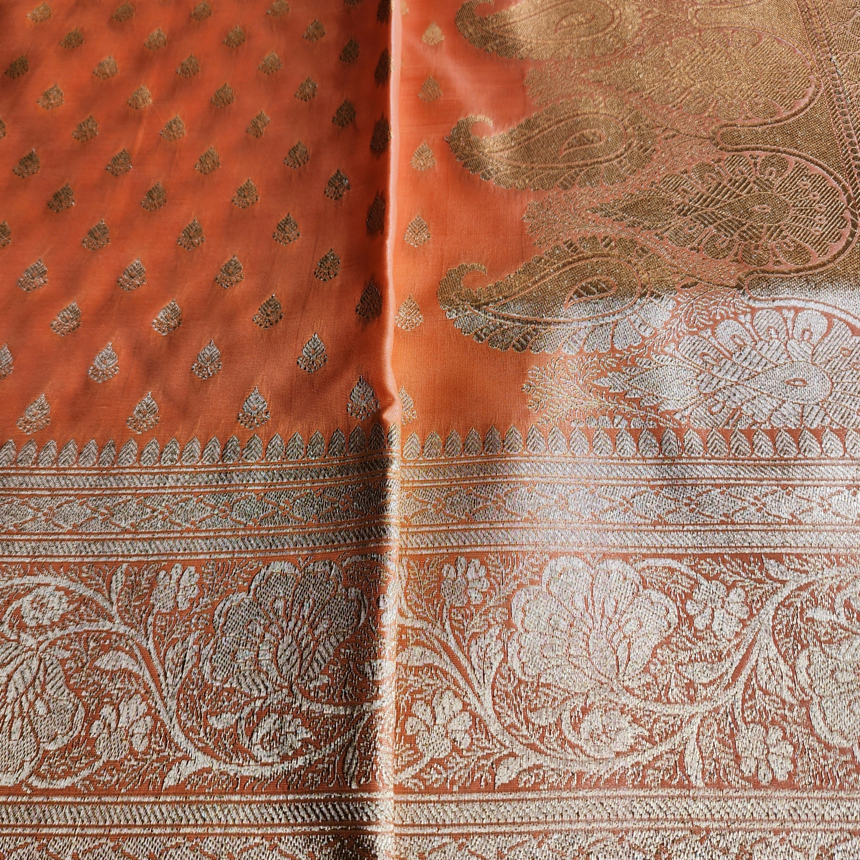 Rich Burnt Orange Banarasi Silk Saree with Gold Zari Weaving