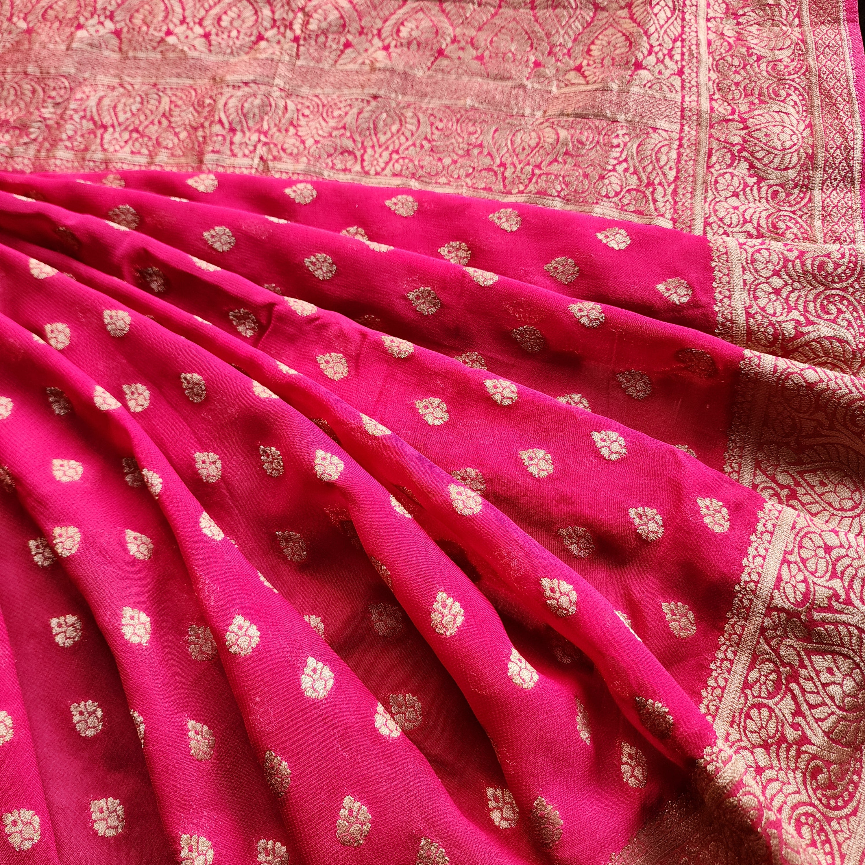 Radish Pink Khaddi Georgette Pure Banarasi Saree with Golden Zari