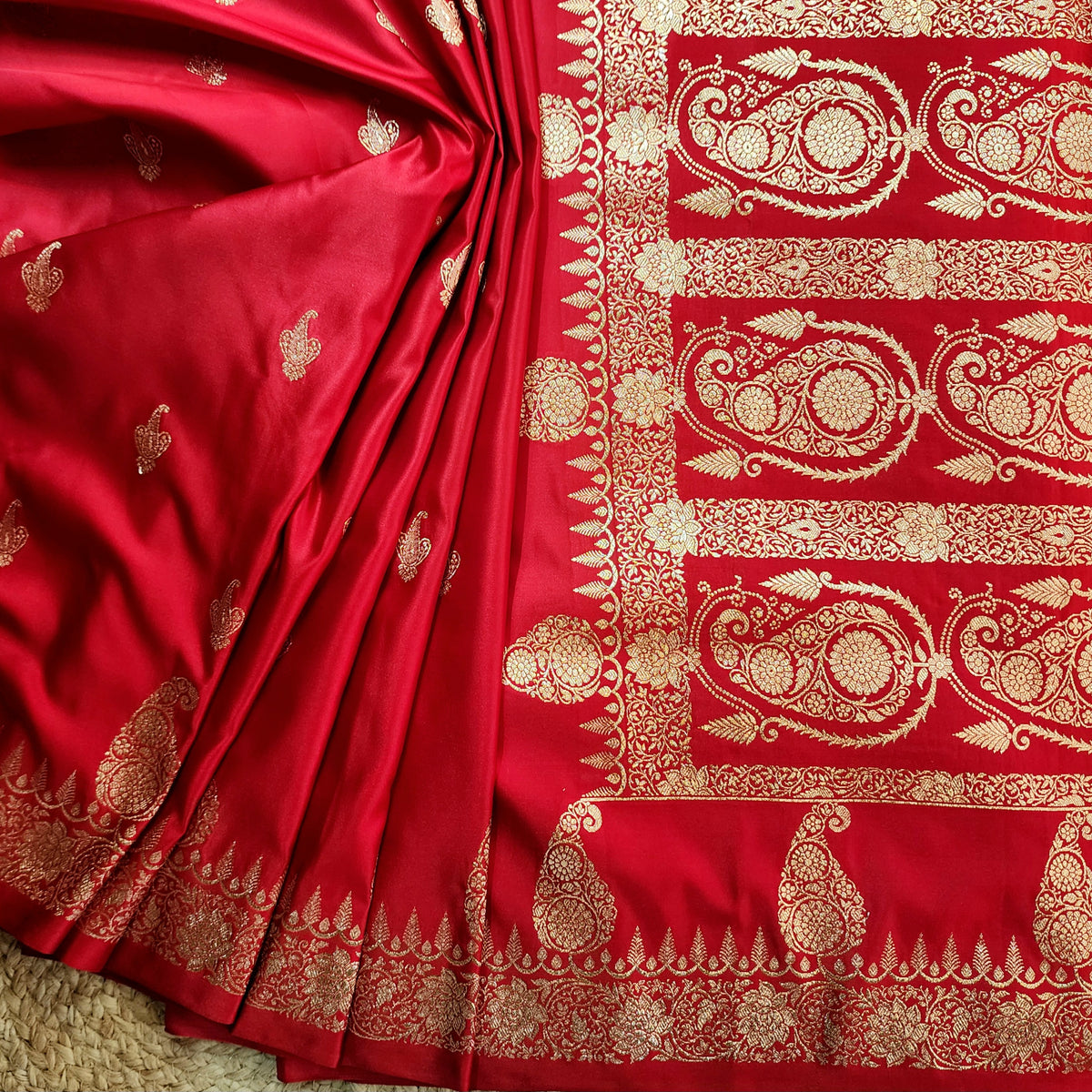 Red Paisley Katan Silk Saree with Gold Zari