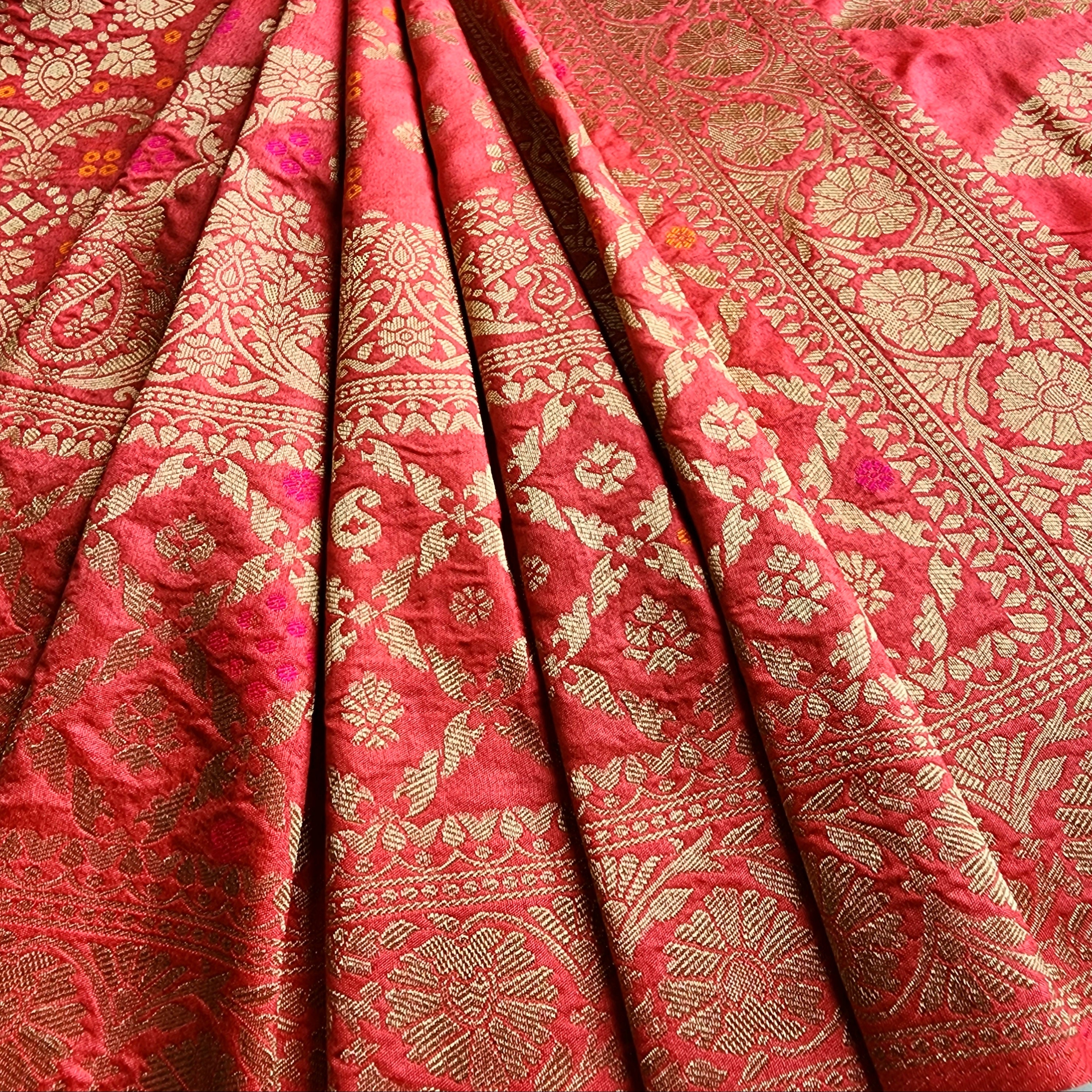 Rose Pink Bandhani Dupatta with Floral and Geometric Zari Weave