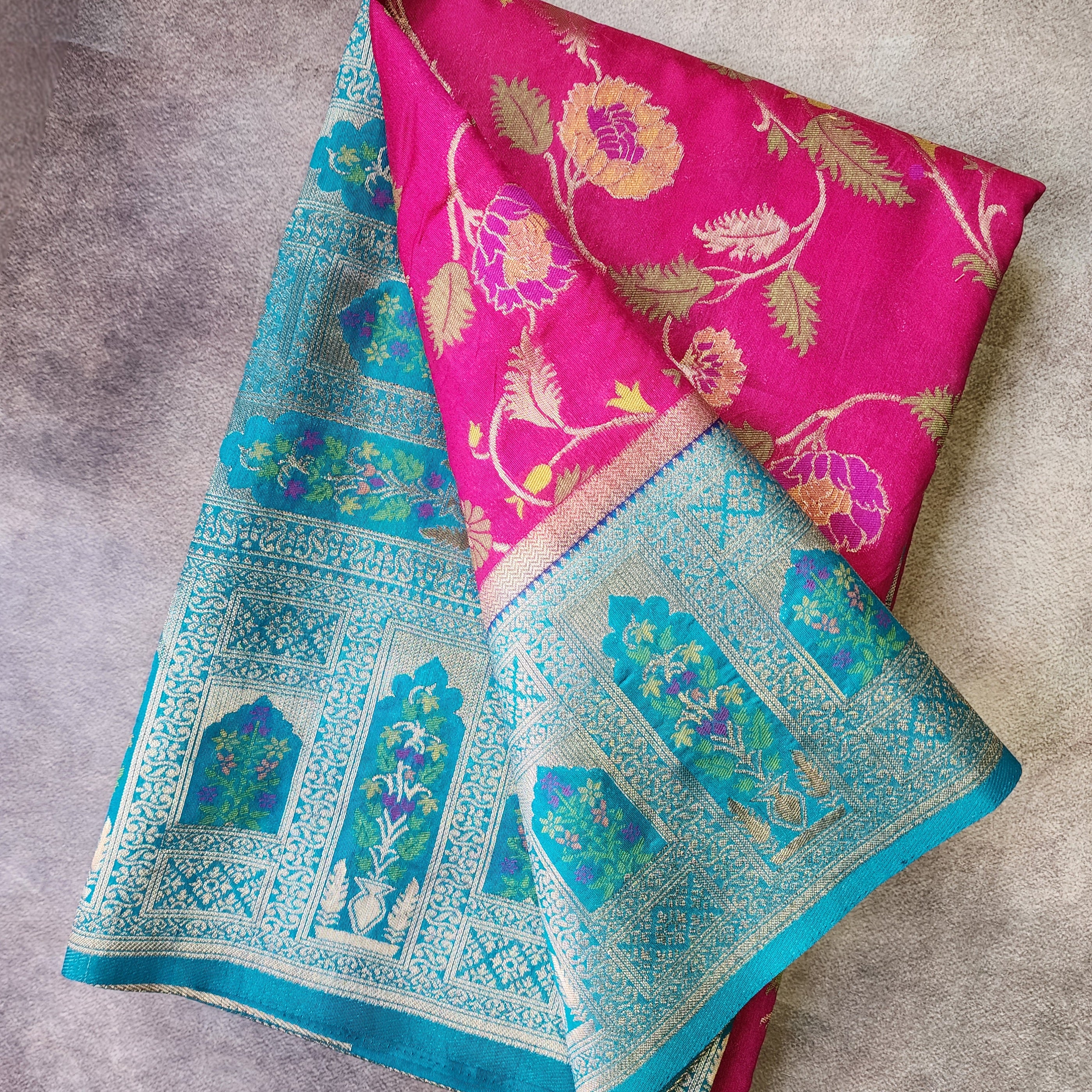 Rani Pink Dupion Patola with Turquoise Blue Border & Heavy Gold Zari