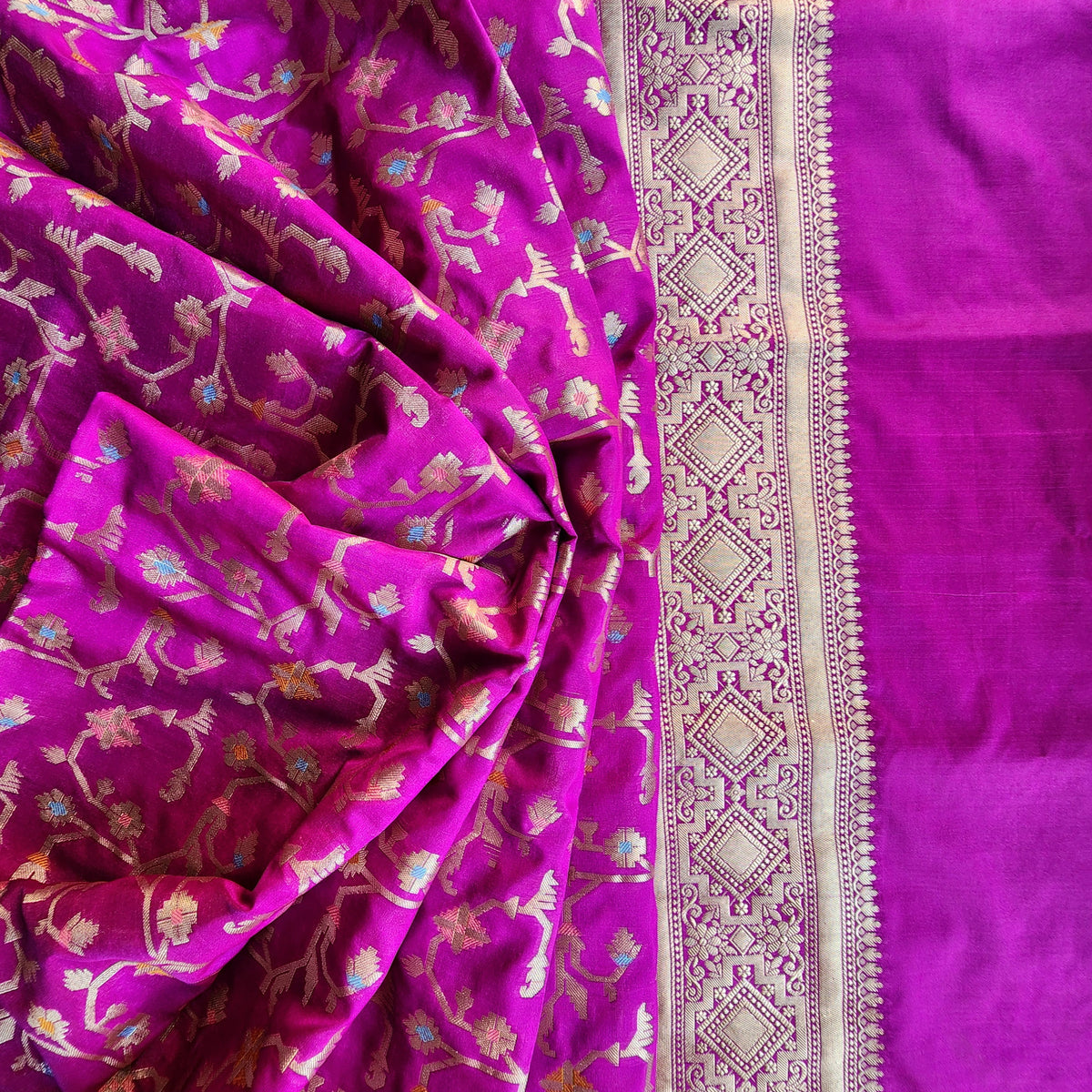 Golden Grid Banarasi Silk Dupatta with Meenakari Work in Wine