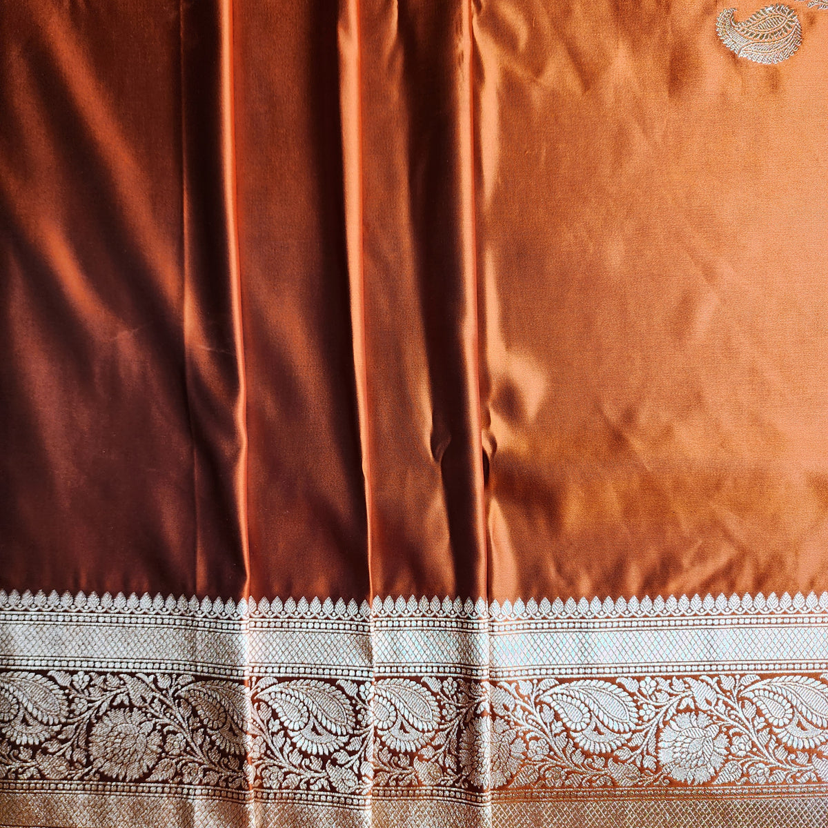Rich Burnt Copper Pure Banarasi Katan Silk Saree with light Gold Zari Weaving