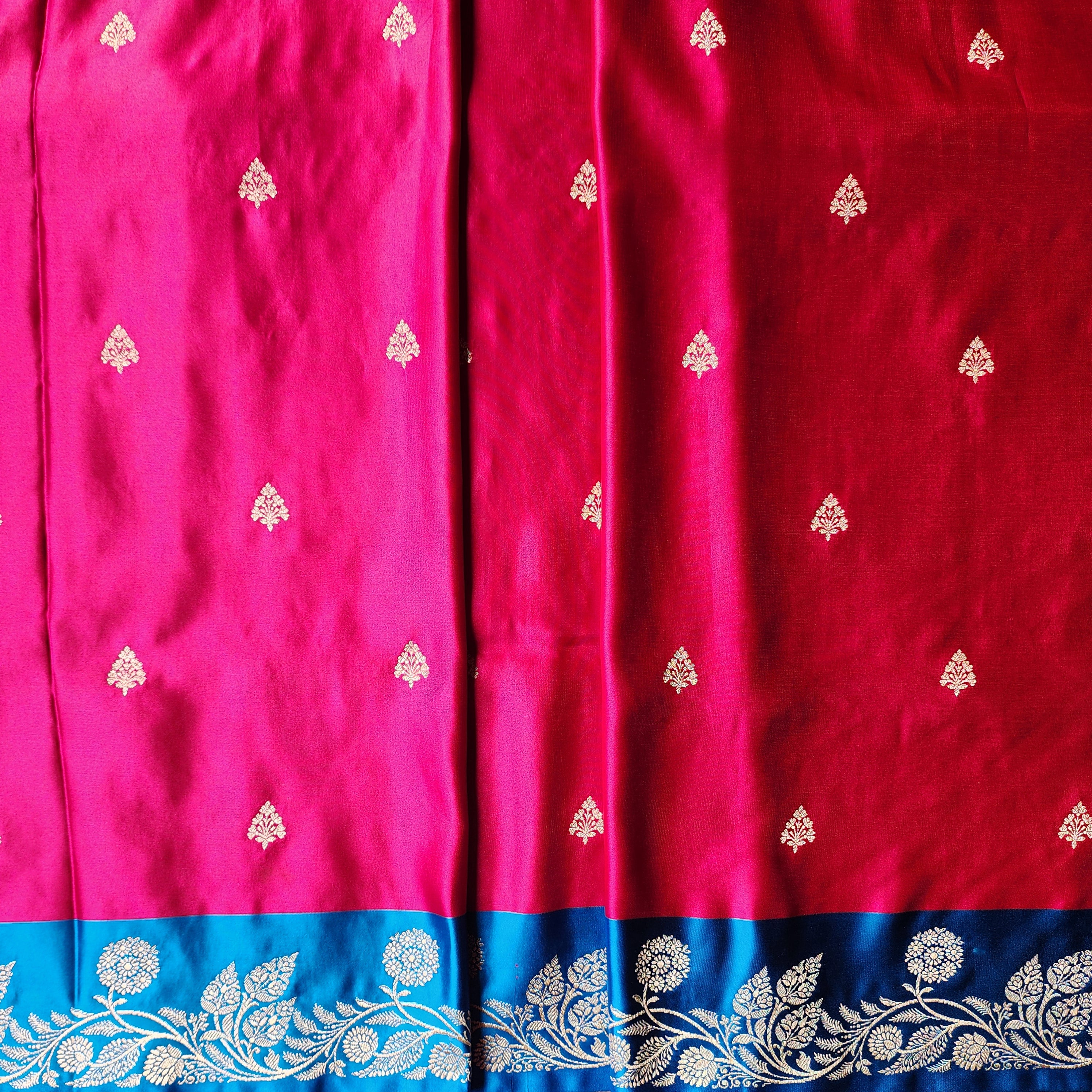 Rani Red Pure Banarasi Katan Silk Saree with Cobalt Blue Border