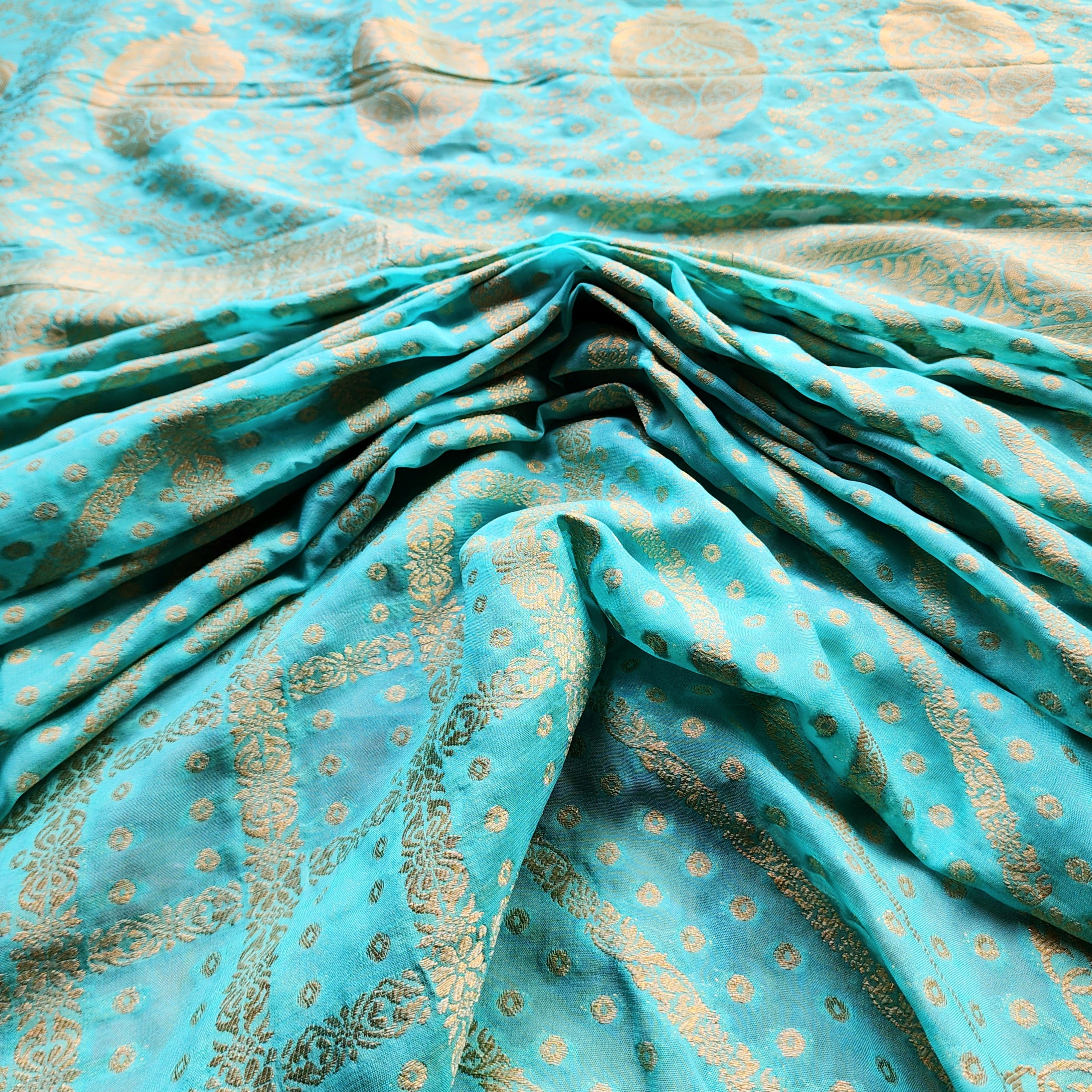 Turquoise Pure Khaddi Georgette Banarasi Saree with Golden Zari