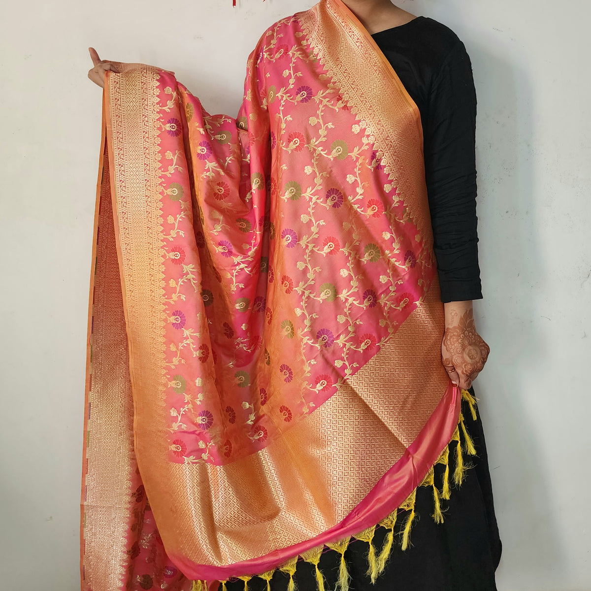 Banarasi Silk Floral Jaal Dupatta - Terracotta Rose