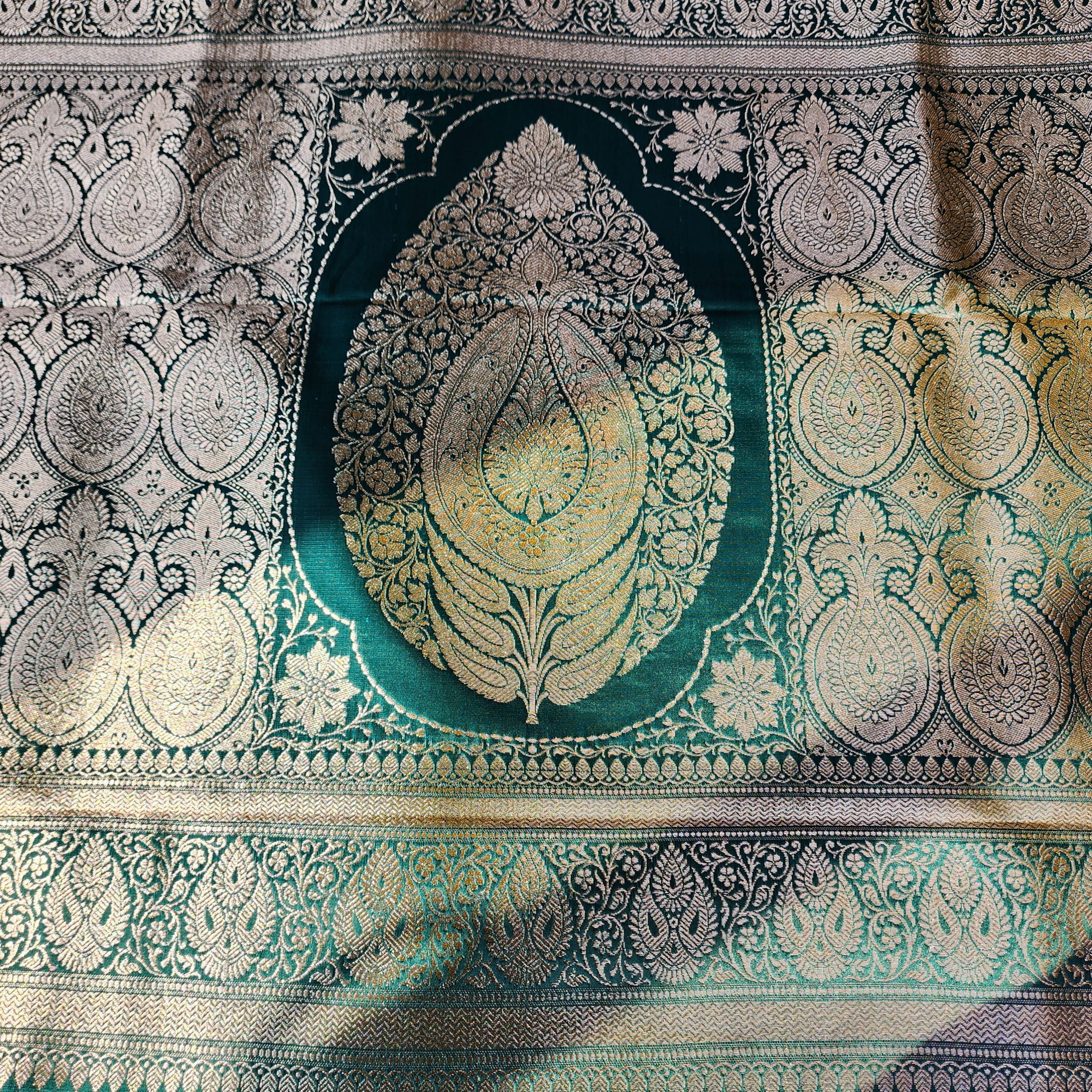 Dhoop Chhaon Teal Green Banarasi Katan Silk Saree