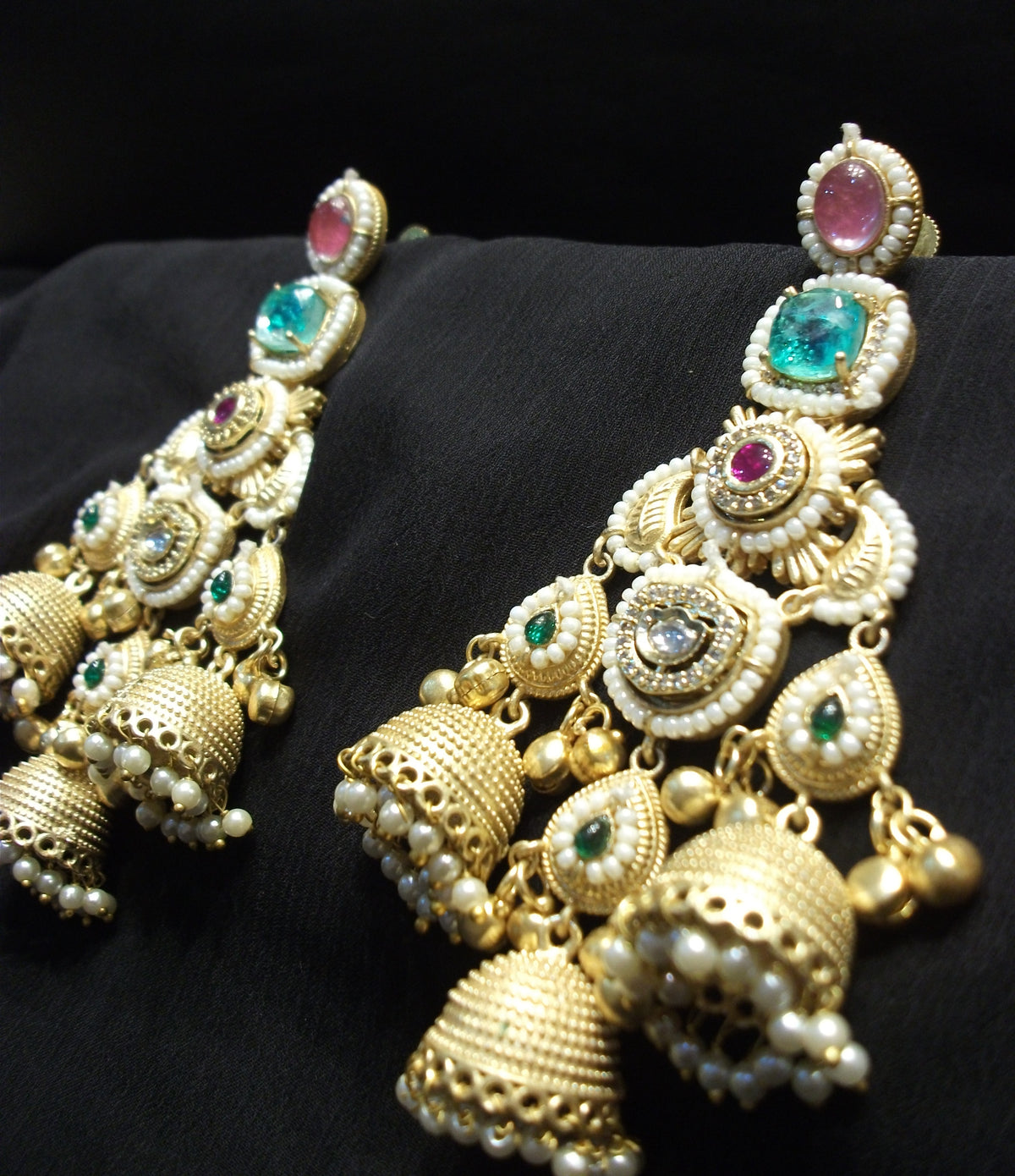 Royal Gold Finish Multi-Colored Stone Cluster Hanging Jhumka Earrings