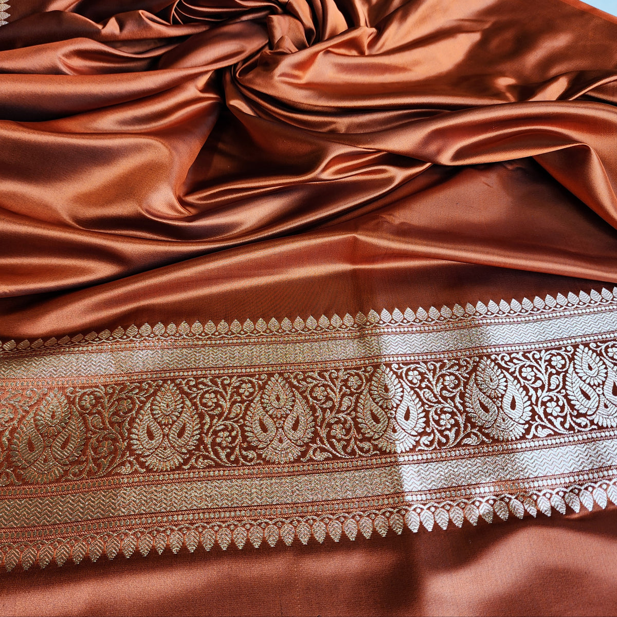 Rich Burnt Copper Pure Banarasi Katan Silk Saree with light Gold Zari Weaving
